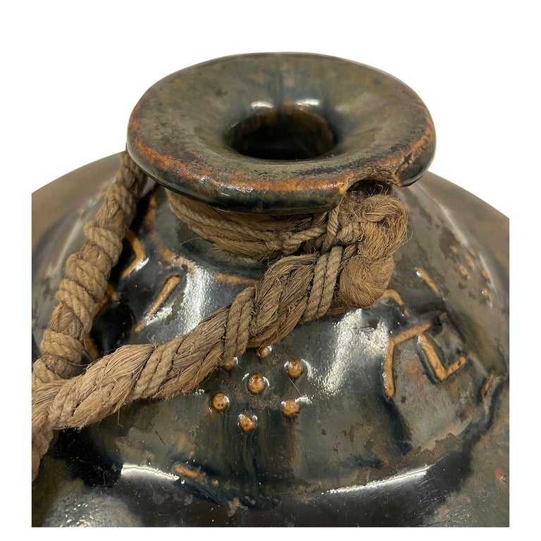 Early 20 Century Vintage Chinese Dark Green Glaze Pottery Vase/Liquor Bottle For Sale at 1stDibs