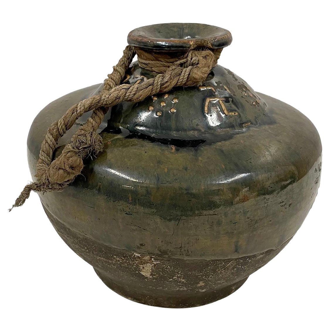 Botella de jarrón/licor de cerámica china vidriada en verde oscuro de principios del siglo XX en venta