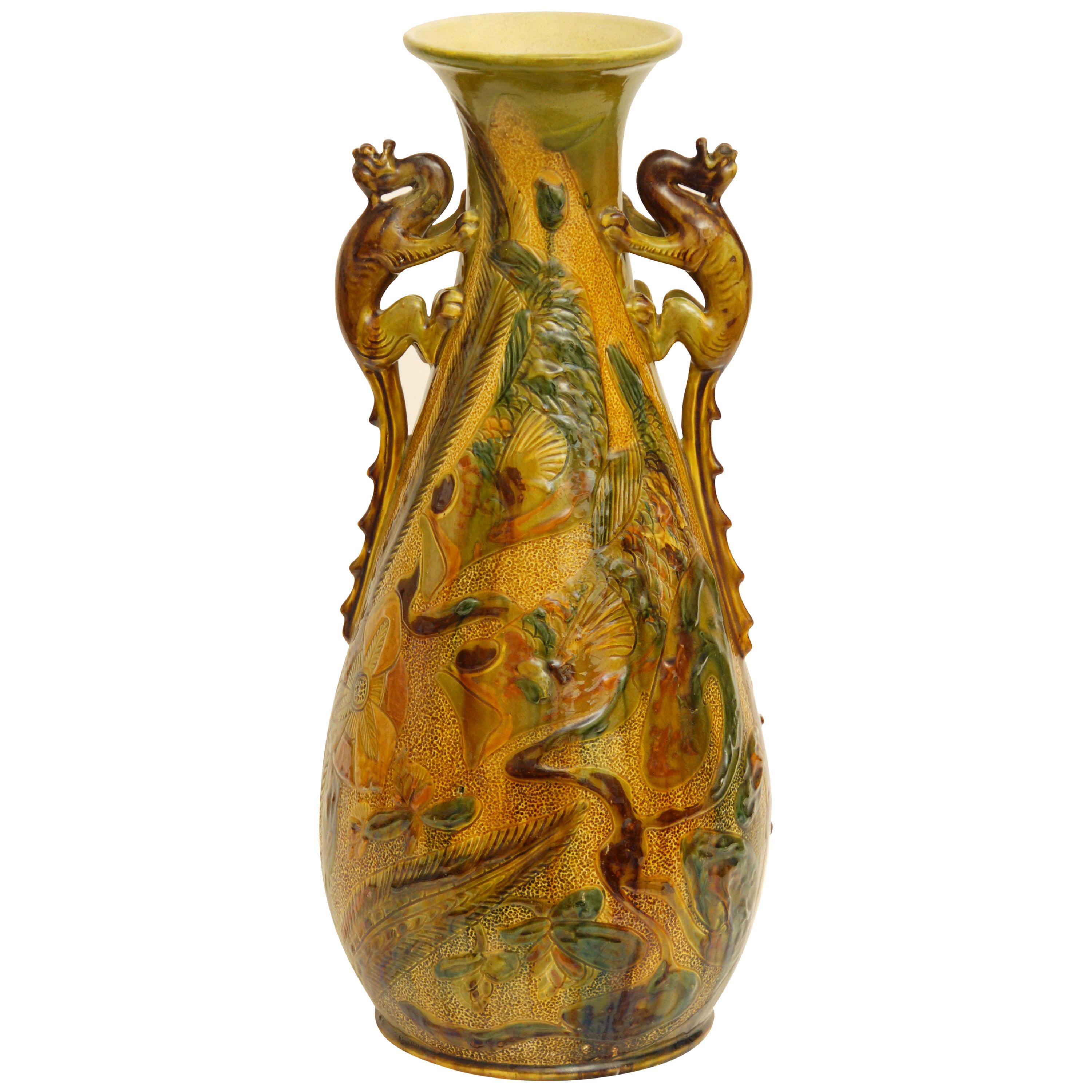 Early 20th Century Art Nouveau or Arts & Crafts Lizard Handle Vase by Brannam For Sale