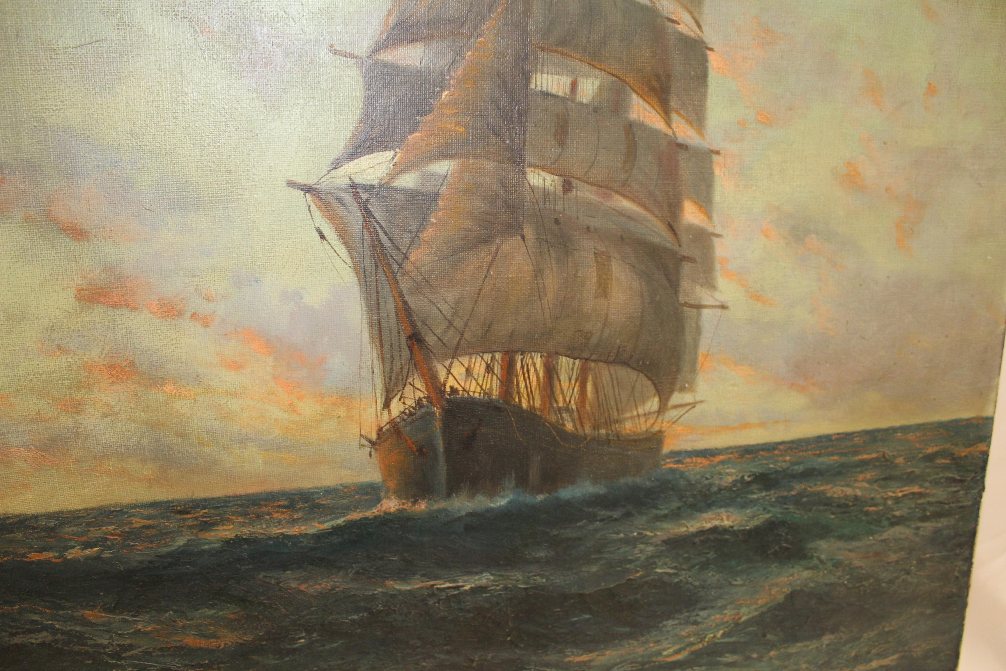 A very good painting of an English Sailing ship by the listed Artist Daniel Sherrin . Listed in the Benezt ! The title is ( the Black Adder ) Oil on Canvice and signed in lower left side in red. Was purchased in London 35 years ago and held in a