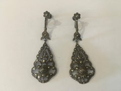 Early 20th Century Silver and Marcasite Drop Dangly Screw Back Earrings