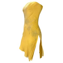 Early 2000s Atelier Versace Haute Couture Rhinestone Yellow Chiffon Mini Dress