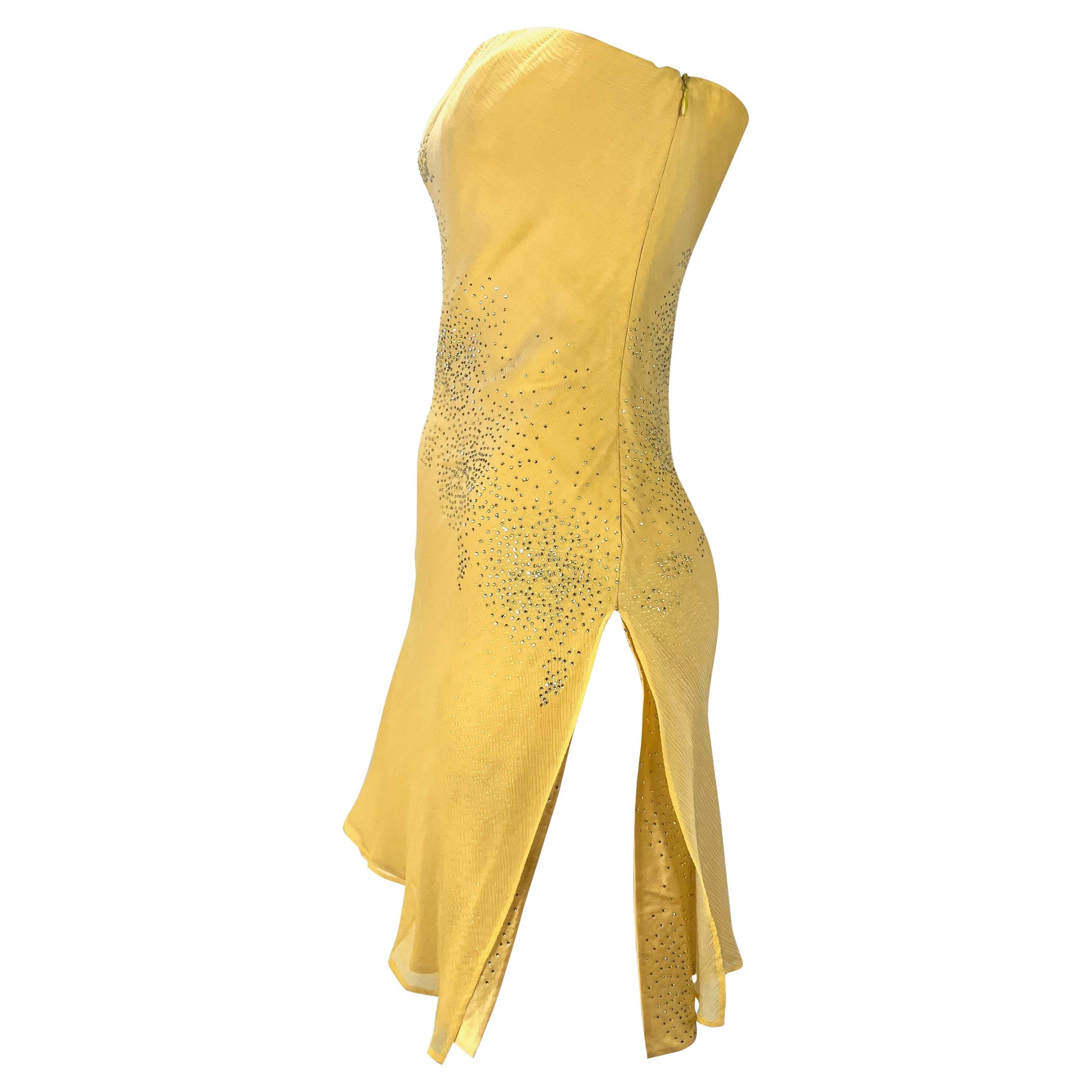 Early 2000s Atelier Versace Haute Couture Rhinestone Yellow Chiffon Mini Dress In Good Condition For Sale In West Hollywood, CA