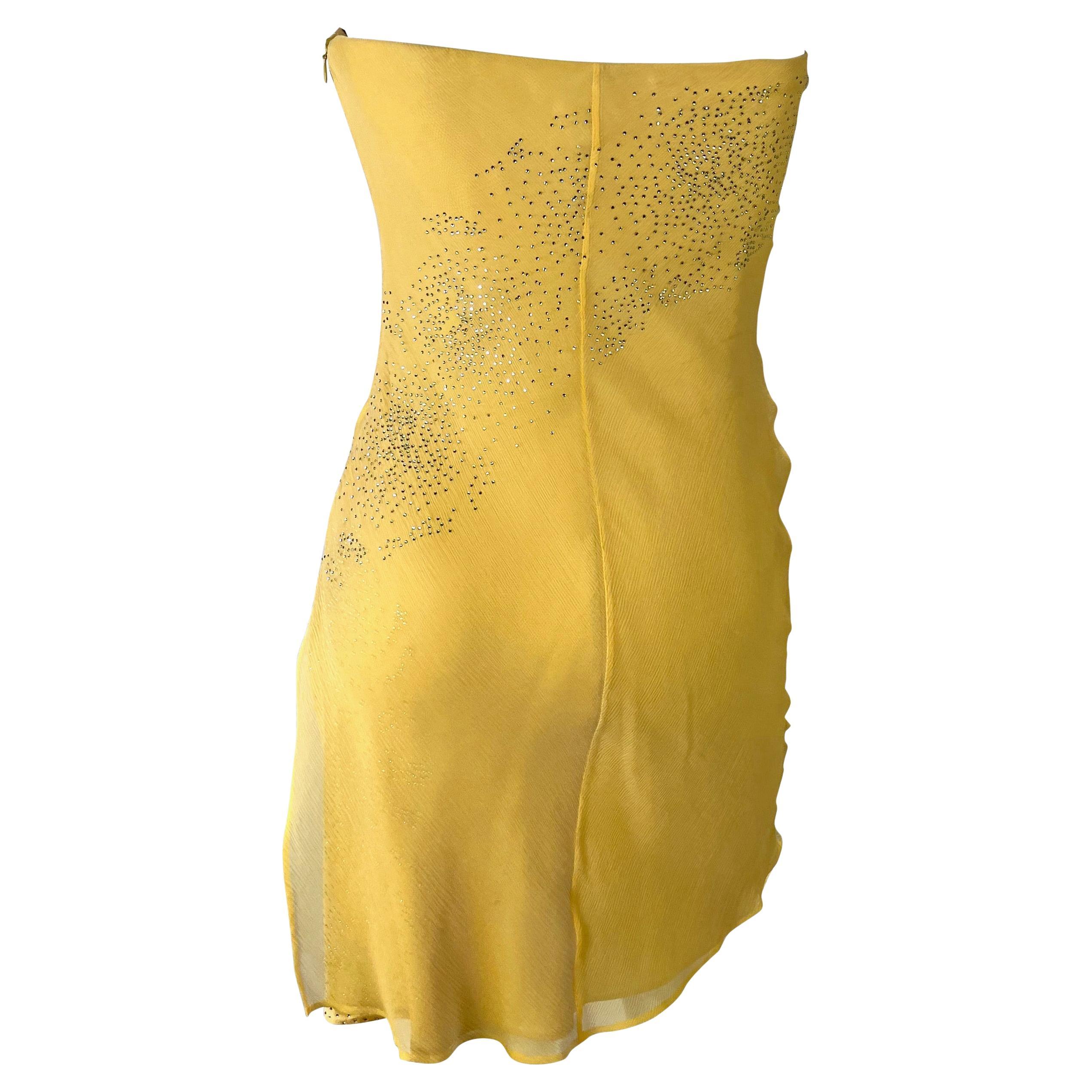 Early 2000s Atelier Versace Haute Couture Rhinestone Yellow Chiffon Mini Dress For Sale 1