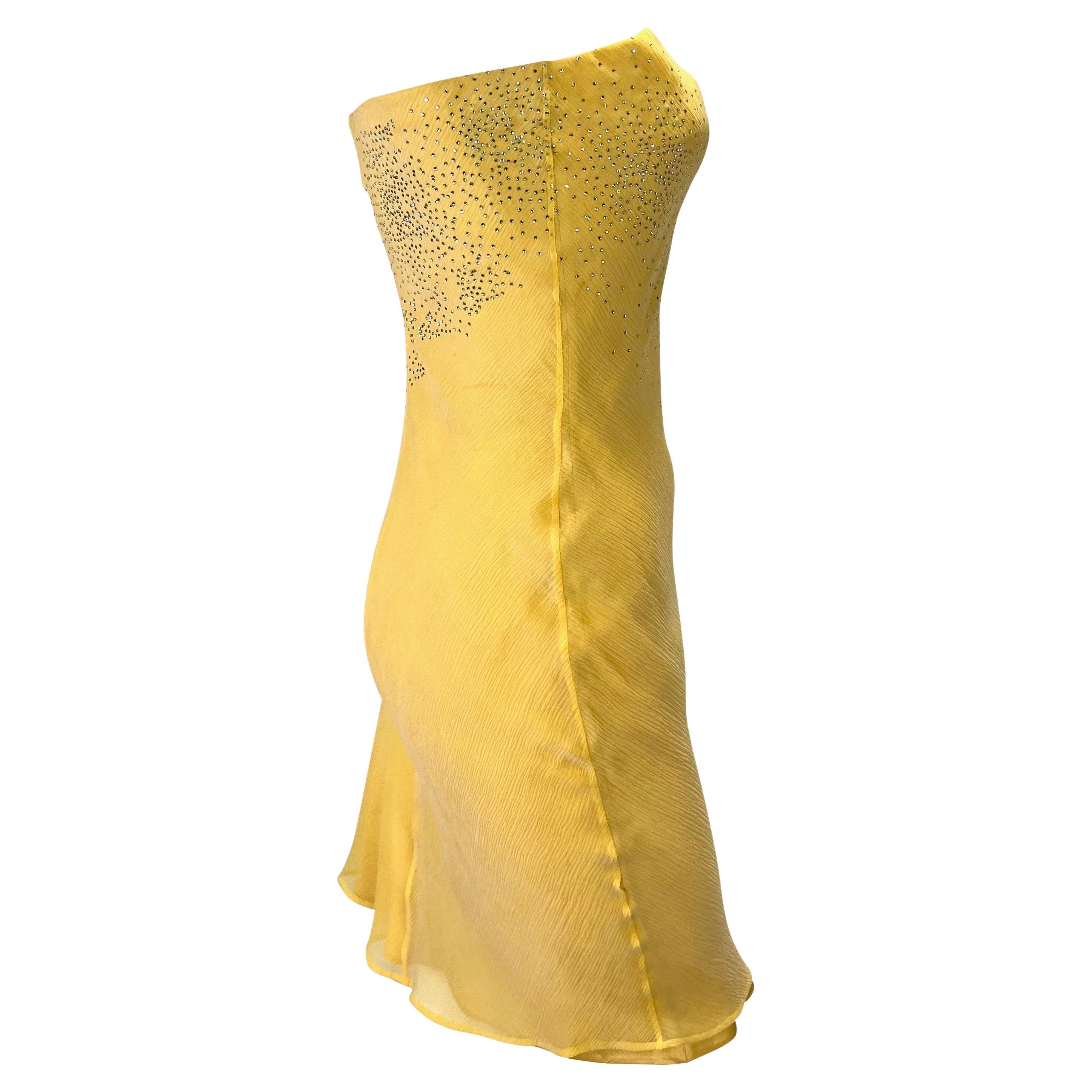 Early 2000s Atelier Versace Haute Couture Rhinestone Yellow Chiffon Mini Dress For Sale 2