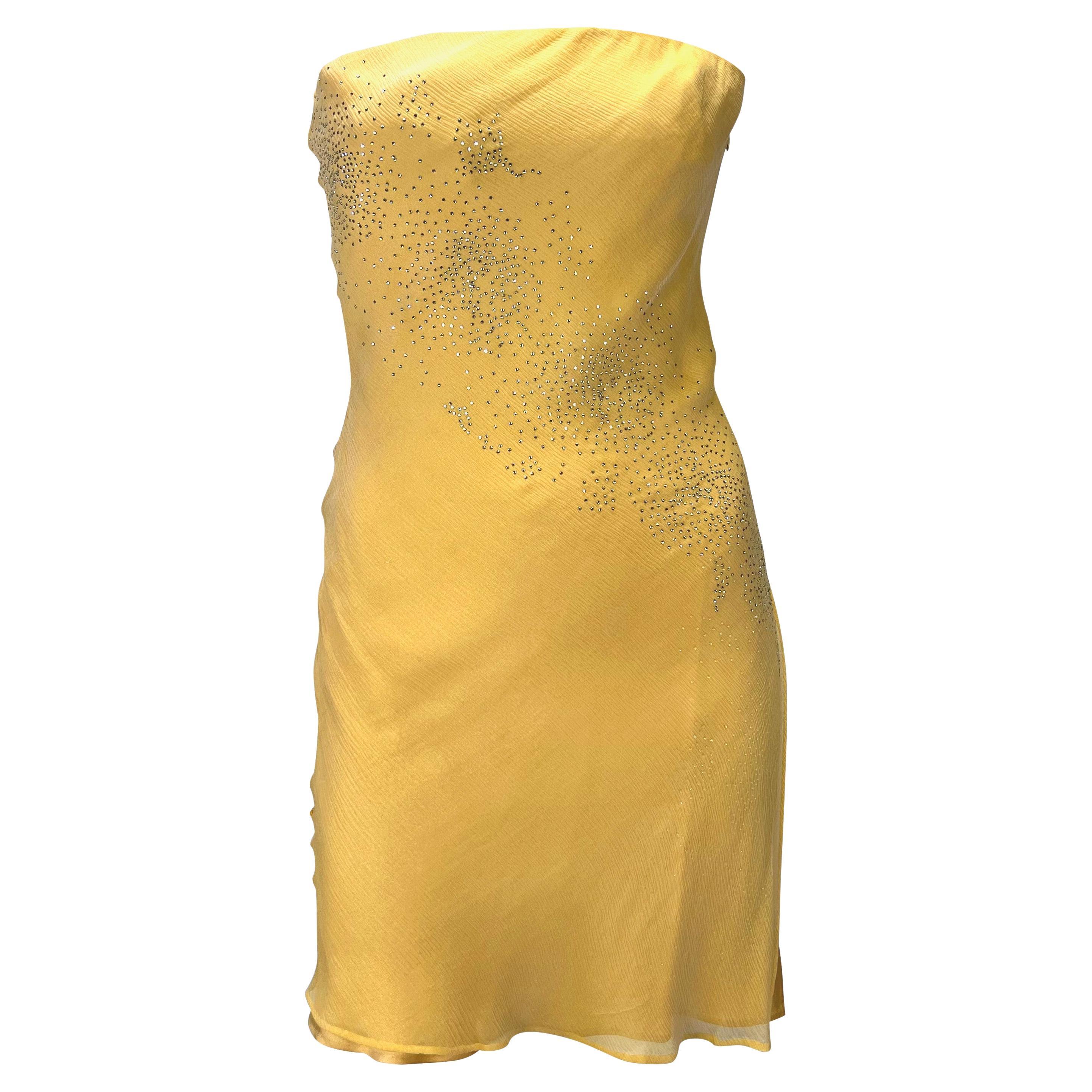 Early 2000s Atelier Versace Haute Couture Rhinestone Yellow Chiffon Mini Dress For Sale 3