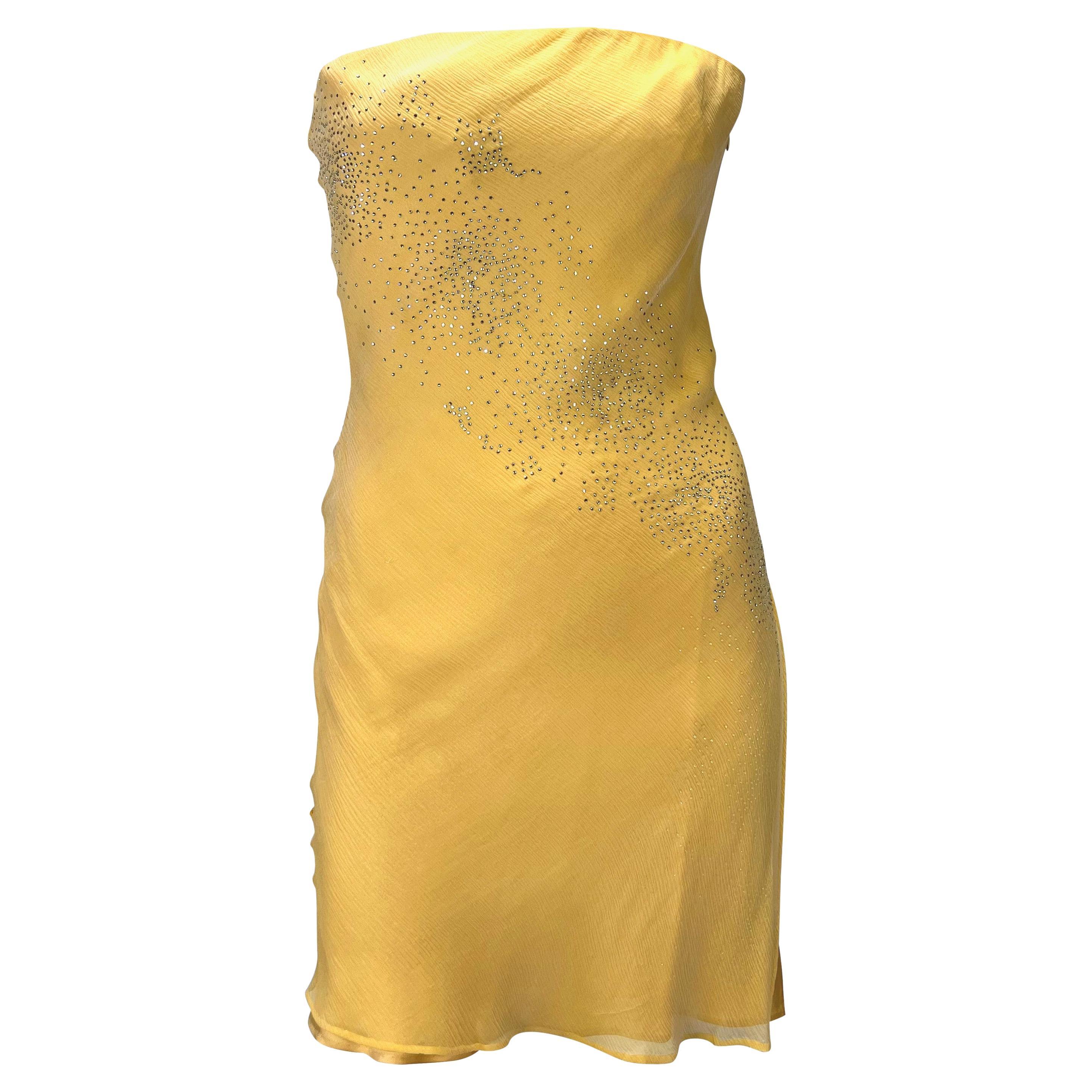 Early 2000s Atelier Versace Haute Couture Rhinestone Yellow Chiffon Mini Dress 2