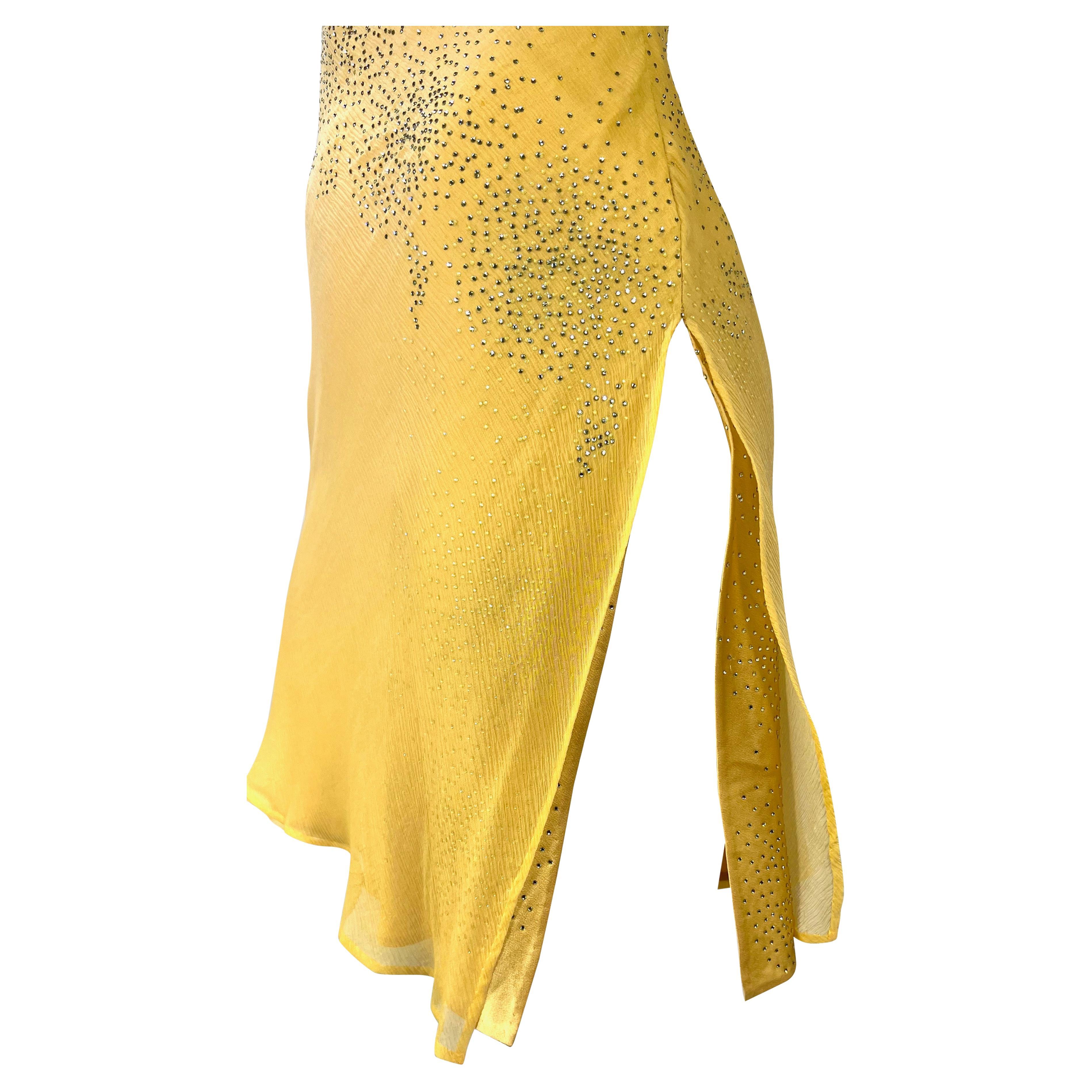 Early 2000s Atelier Versace Haute Couture Rhinestone Yellow Chiffon Mini Dress For Sale 4