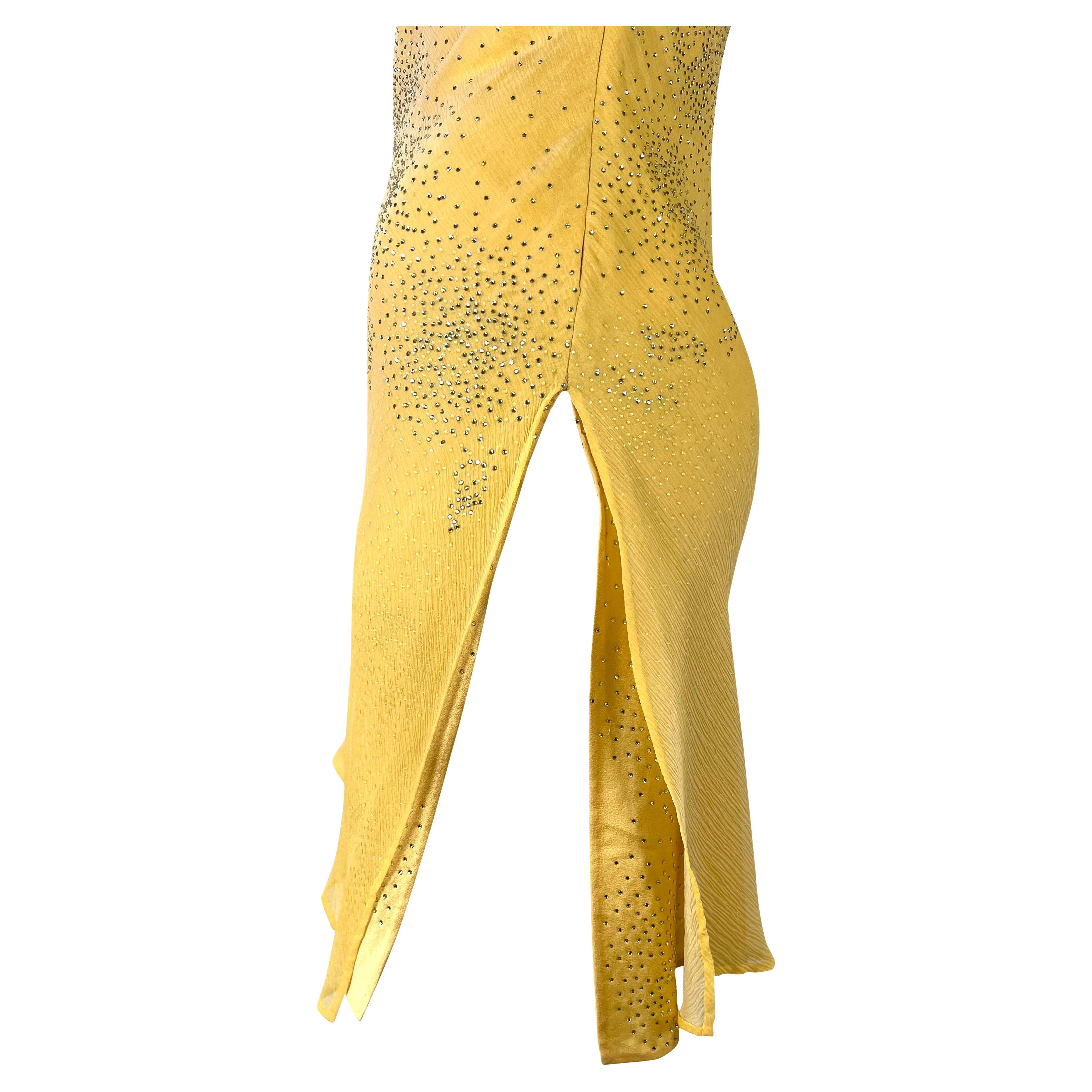 Early 2000s Atelier Versace Haute Couture Rhinestone Yellow Chiffon Mini Dress For Sale 5