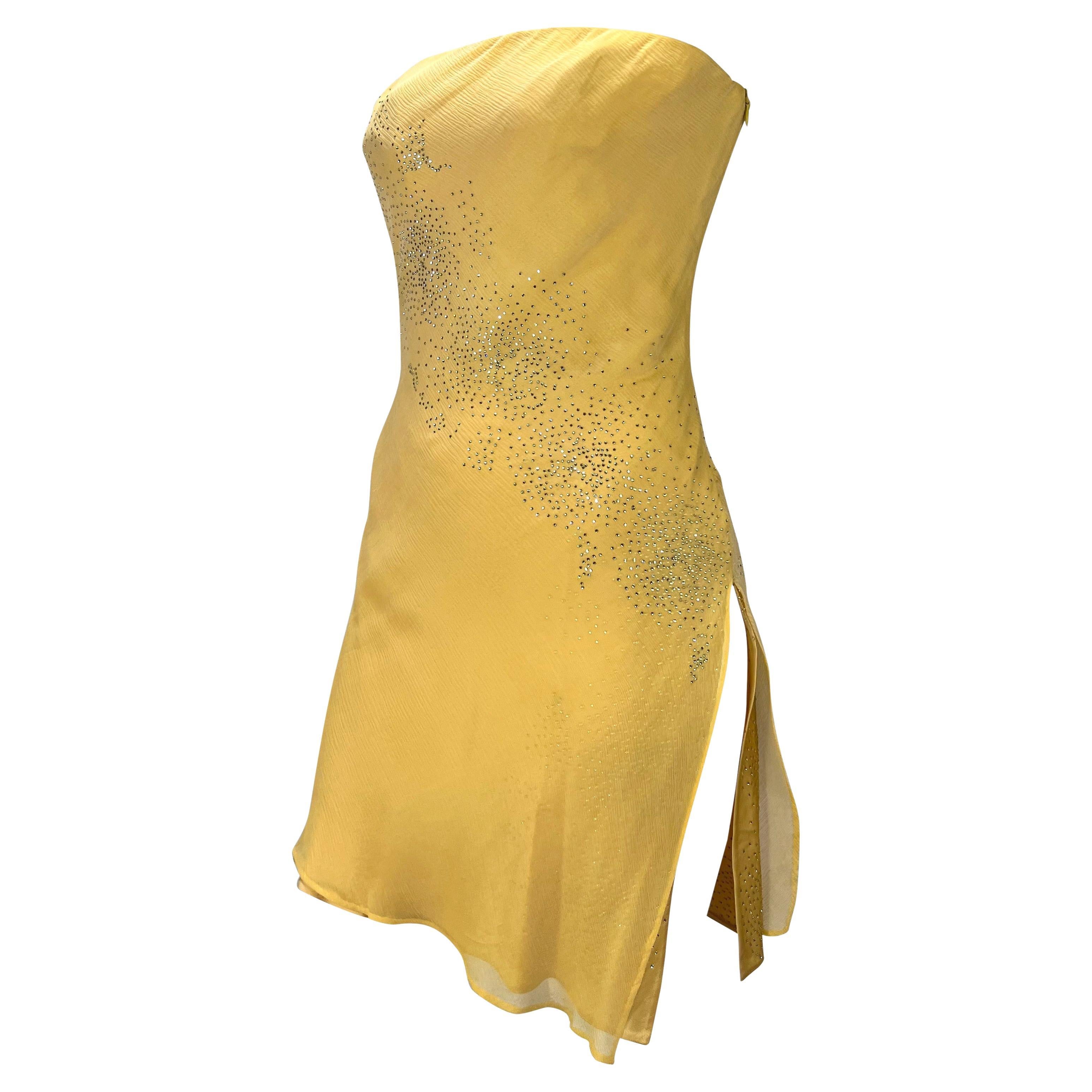Early 2000s Atelier Versace Haute Couture Rhinestone Yellow Chiffon Mini Dress For Sale