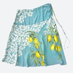 Early 2000s Blumarine Silk Midi Skirt In Light Blue With Floral And Lemon Print
