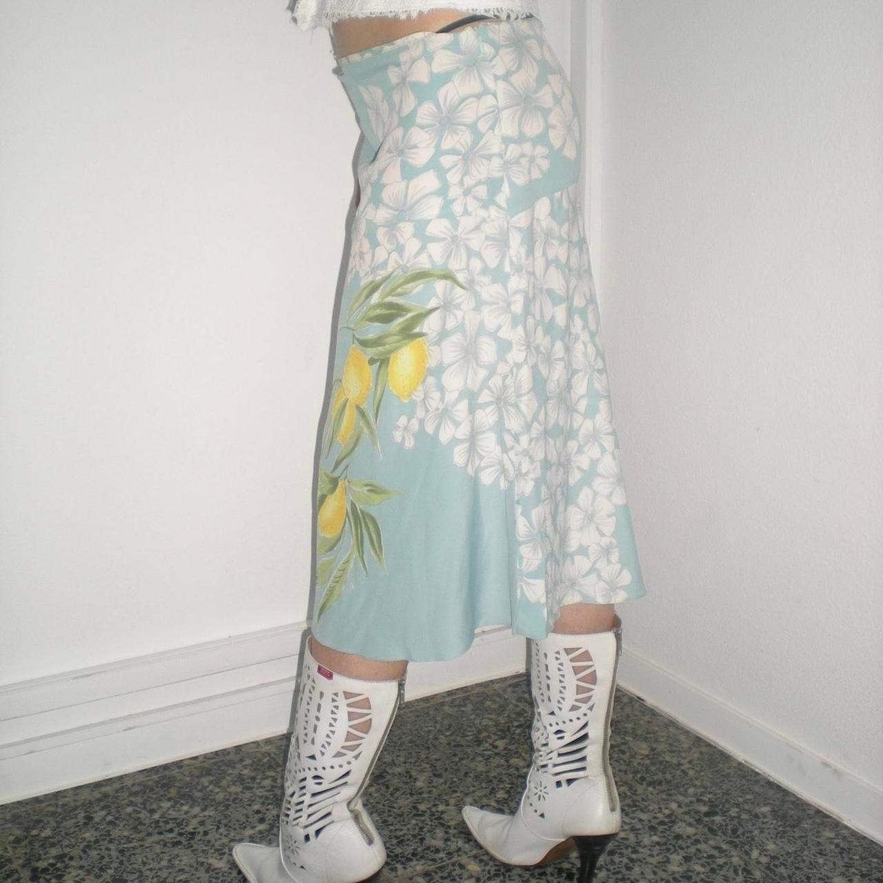 Women's Early 2000s Blumarine Silk Midi Skirt In Light Blue With Floral And Lemon Print For Sale