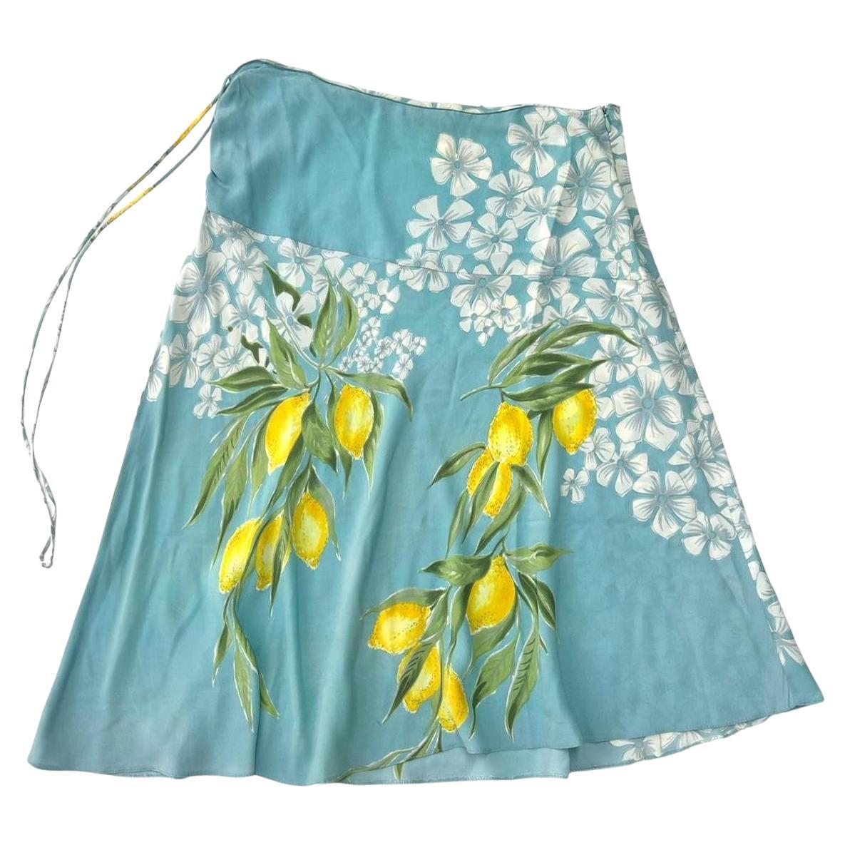 Early 2000s Blumarine Silk Midi Skirt In Light Blue With Floral And Lemon Print For Sale