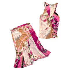 Early 2000s Blumarine Silk Skirt and Top Two-Piece Set in Pink Floral Print