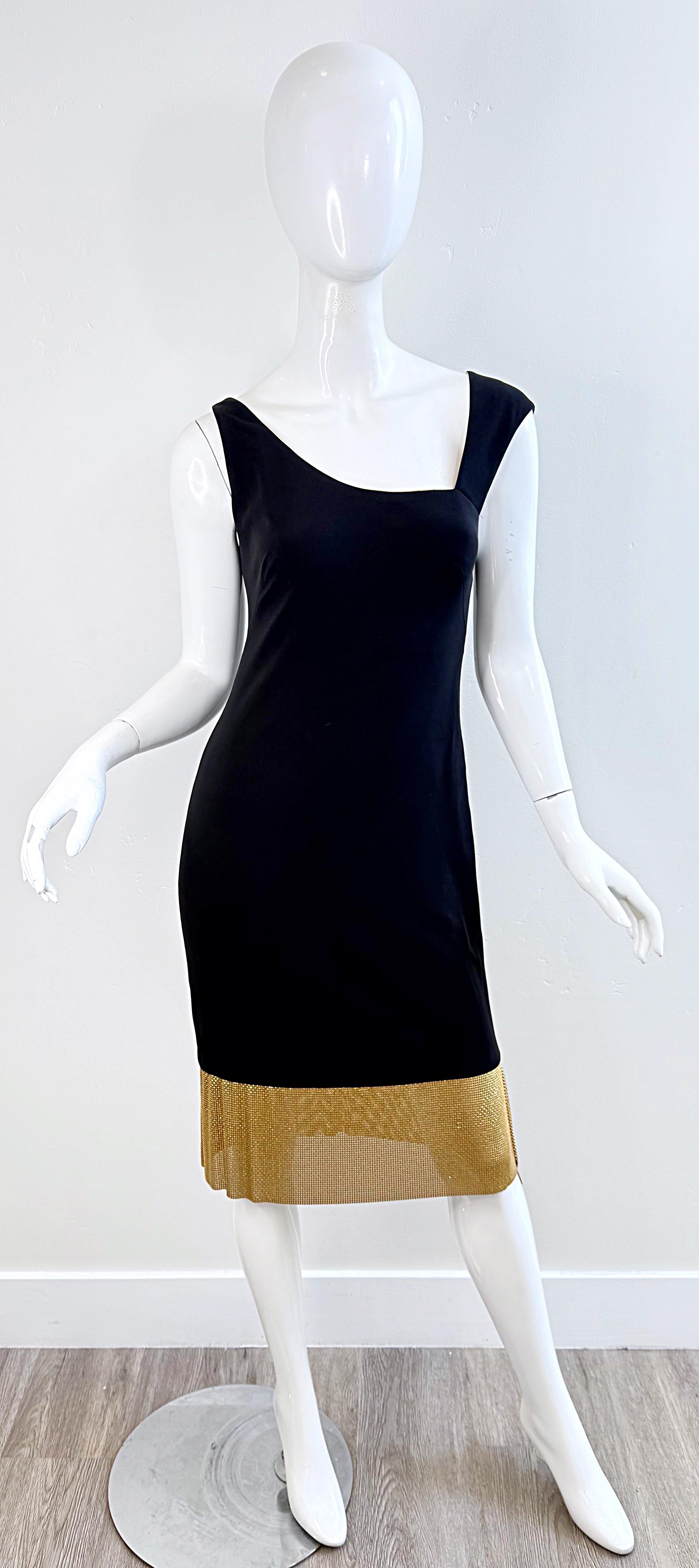 Anfang 2000er CD GREENE Vintage Schwarzes Kleid Gold Mesh Saum Cocktail Party US Größe 6 im Zustand „Hervorragend“ im Angebot in San Diego, CA