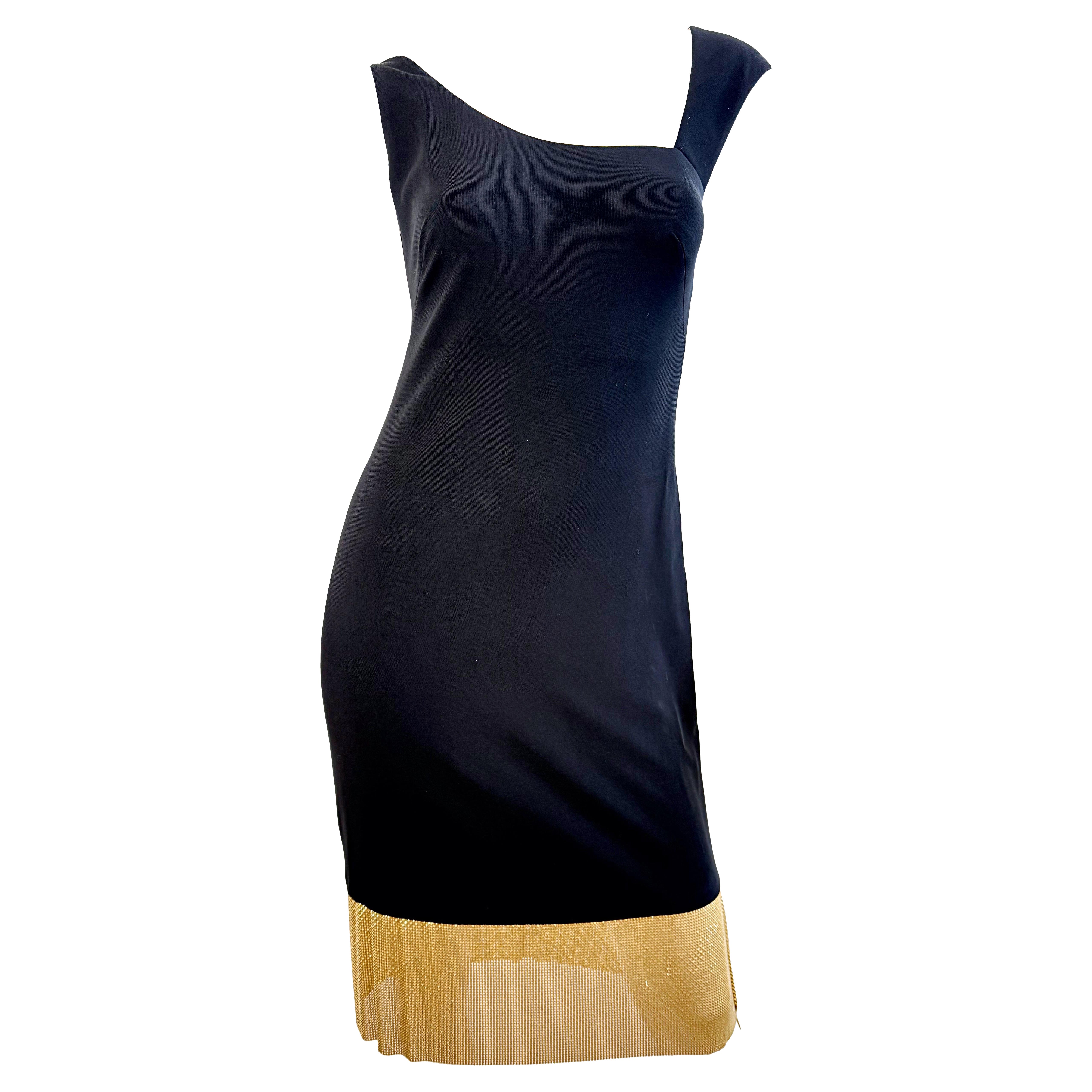 Anfang 2000er CD GREENE Vintage Schwarzes Kleid Gold Mesh Saum Cocktail Party US Größe 6