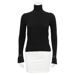 Early 2000's Chanel Black Ribbed Mock Neck Sweater with Gold Logo Buttons