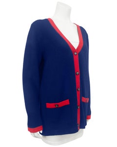 Early 2000's Chanel Navy and Red V-Neck Cashmere Cardigan