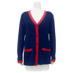 Early 2000's Chanel Navy and Red V-Neck Cashmere Cardigan