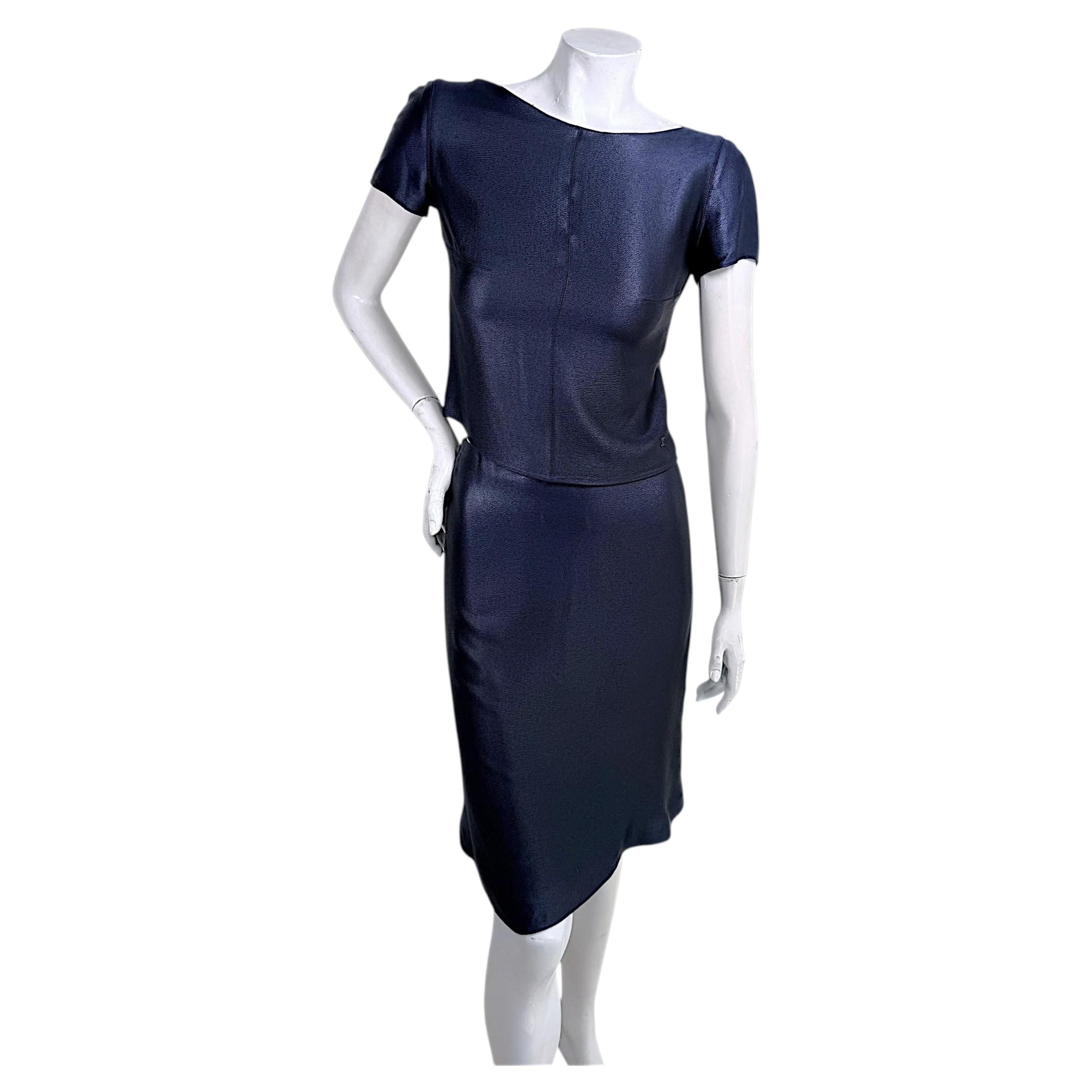 Early 2000s Chanel Navy Metallic Identification Collection Two Piece Set For Sale