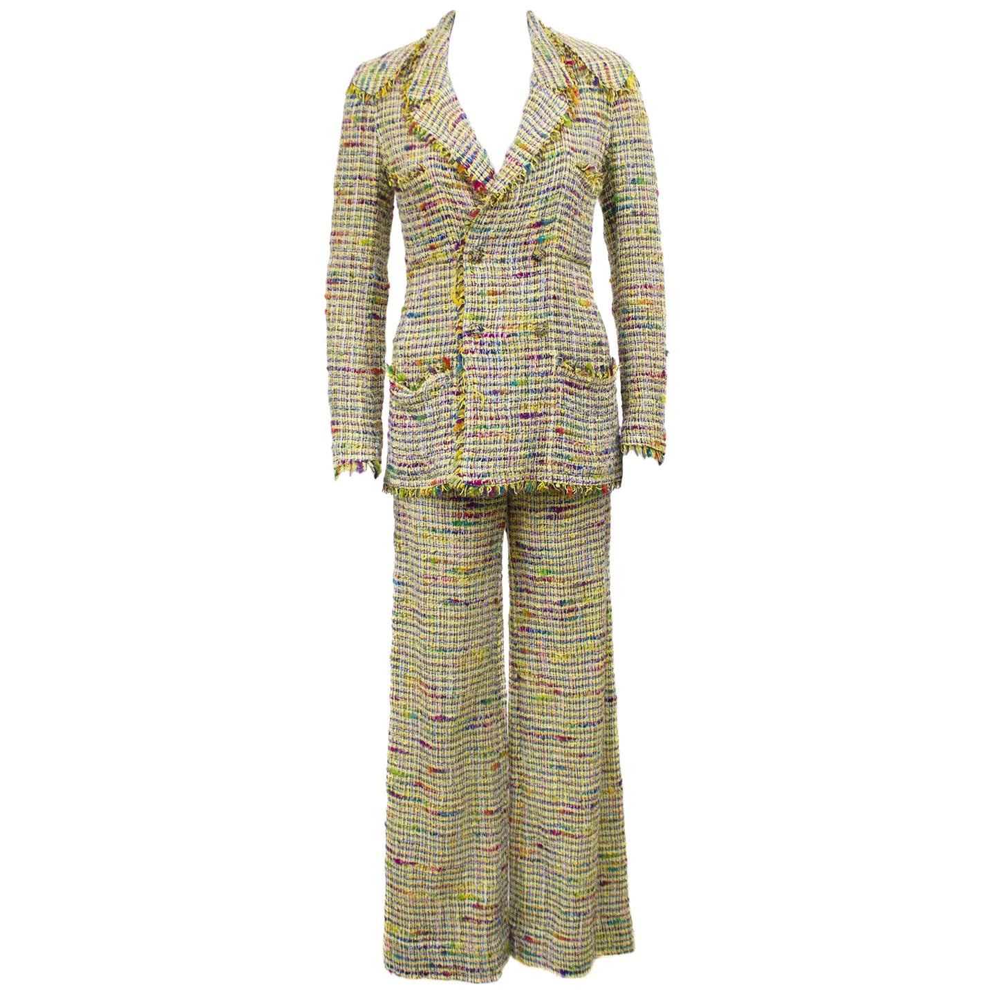 1985 Chanel Runway Tweed With Skirt Blazer and Silk Blouse Red White and  Blue Plaid at 1stDibs