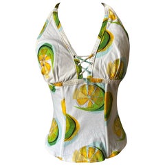 Early 2000s Christian Dior by John Galliano Lemon Print Halter Bustier