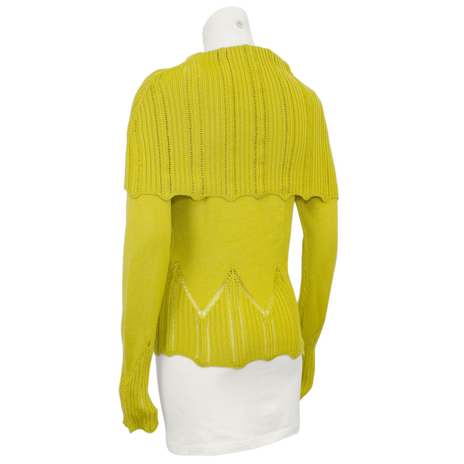 Early 2000s Christian Dior Chartreuse Wool Fold Over Sweater In Good Condition For Sale In Toronto, Ontario