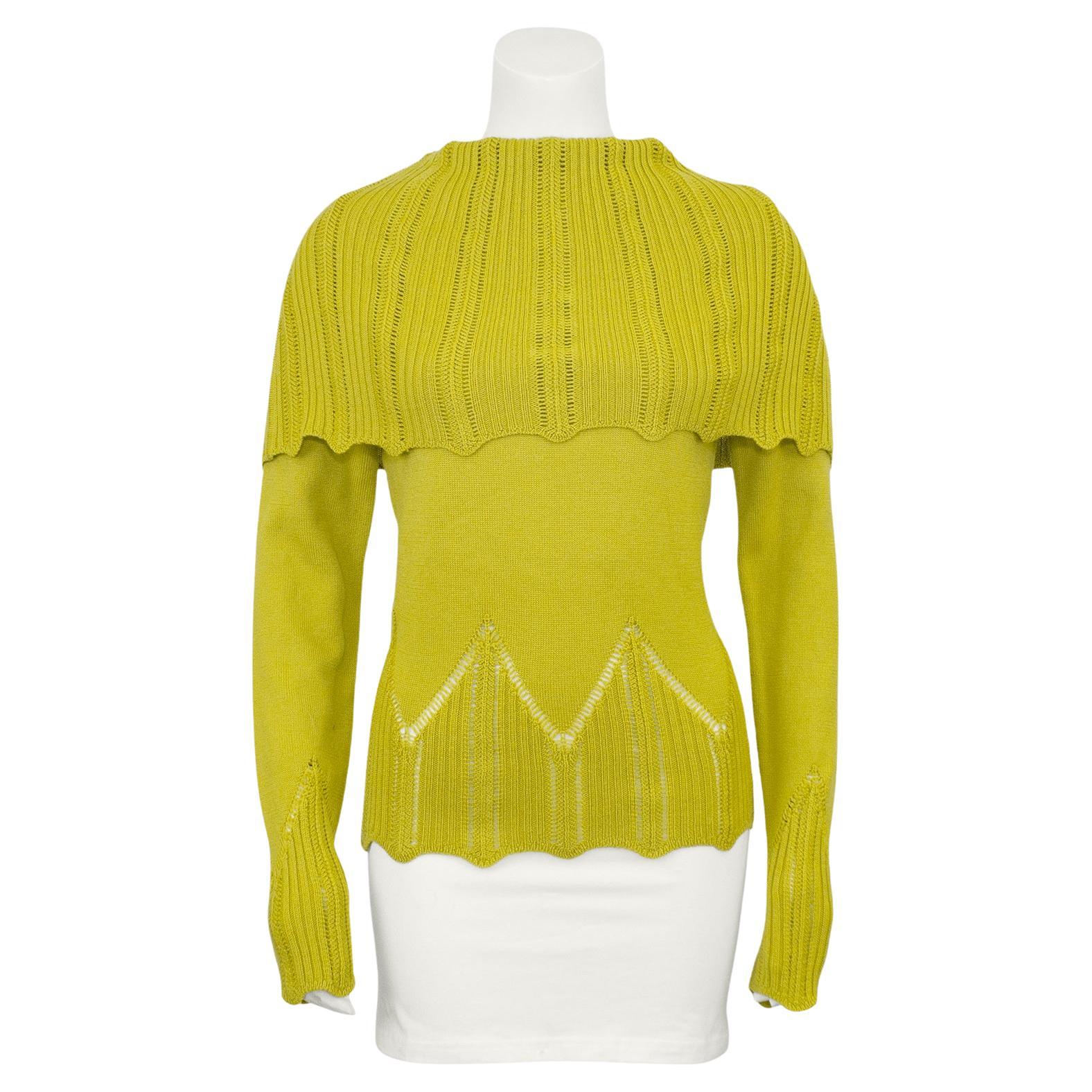 Early 2000s Christian Dior Chartreuse Wool Fold Over Sweater For Sale