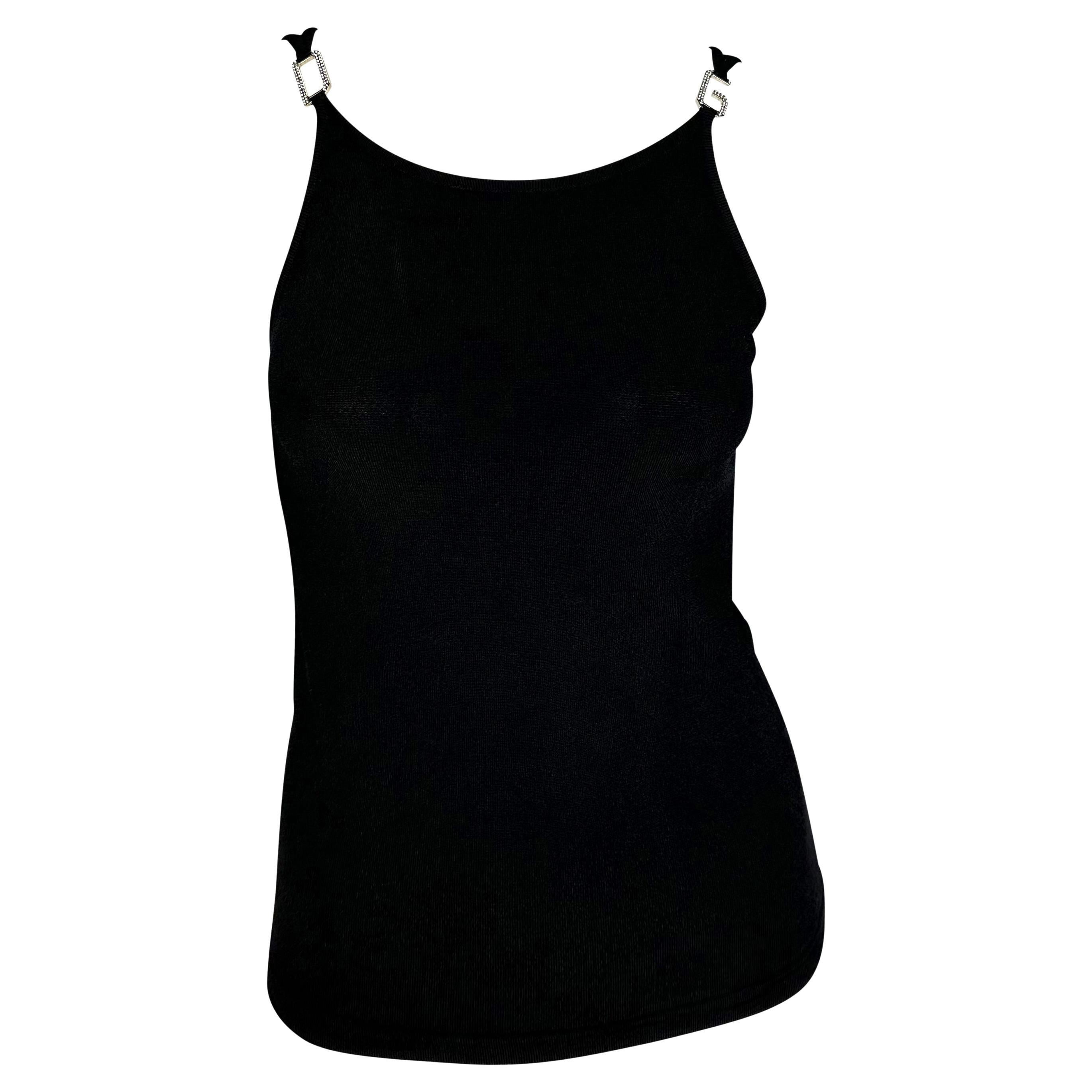 Early 2000s Dolce and Gabbana Black Rhinestone 'DG' Logo Buckle Tank Top For Sale