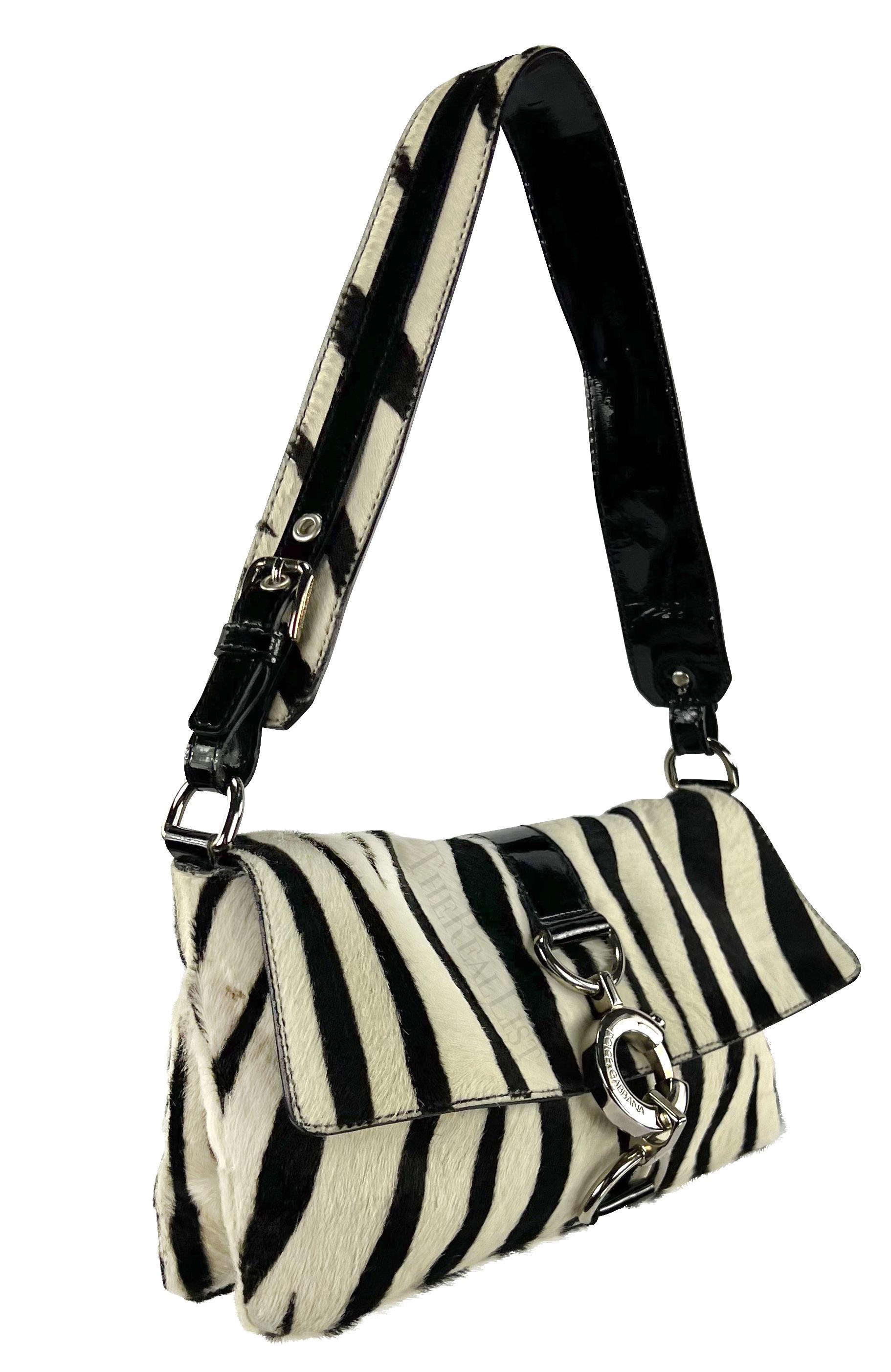 Early 2000s Dolce and Gabbana Zebra Pony Hair Patent Leather Shoulder Bag 1