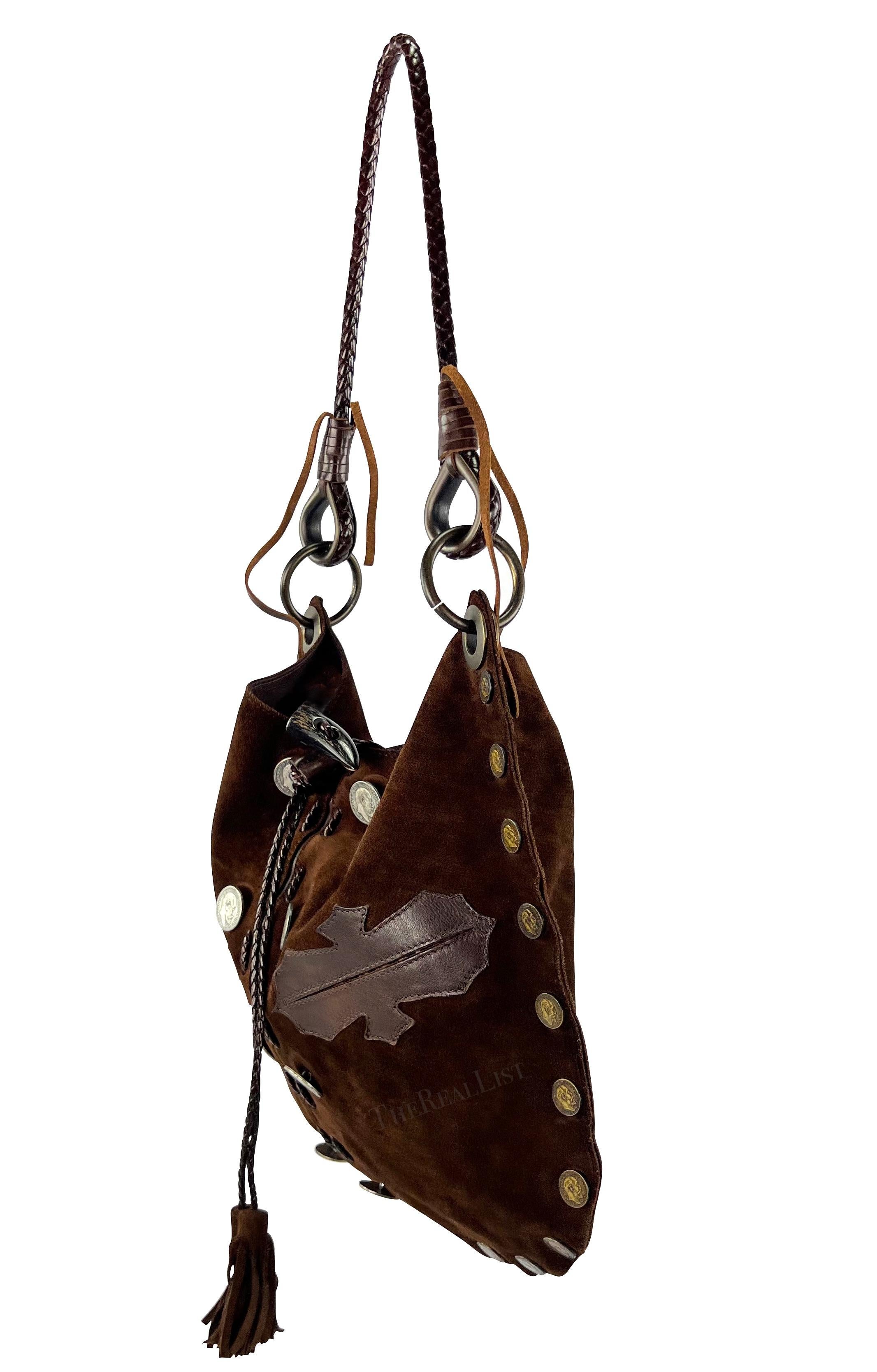 Early 2000s Dolce & Gabbana Brown Suede Distressed Coin Shoulder Bag In Good Condition In West Hollywood, CA