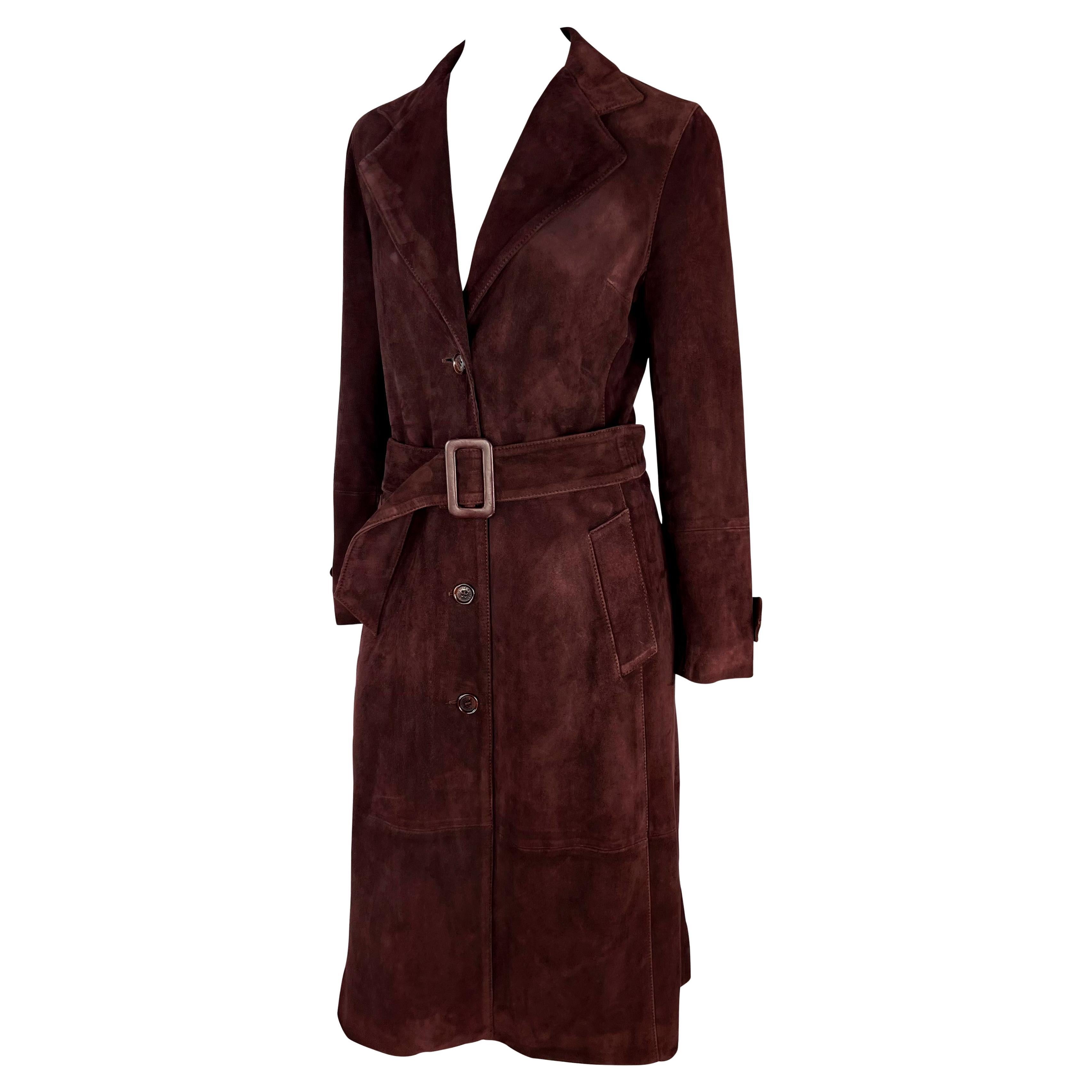 Early 2000s Dolce & Gabbana Burgundy Suede Belted Leather Trench Coat For Sale