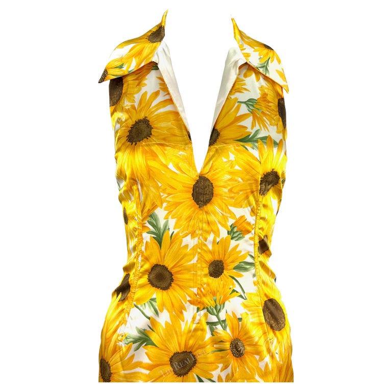 Early 2000s Dolce and Gabbana Corset Boned Sunflower Print Bodycon Halter  Dress at 1stDibs