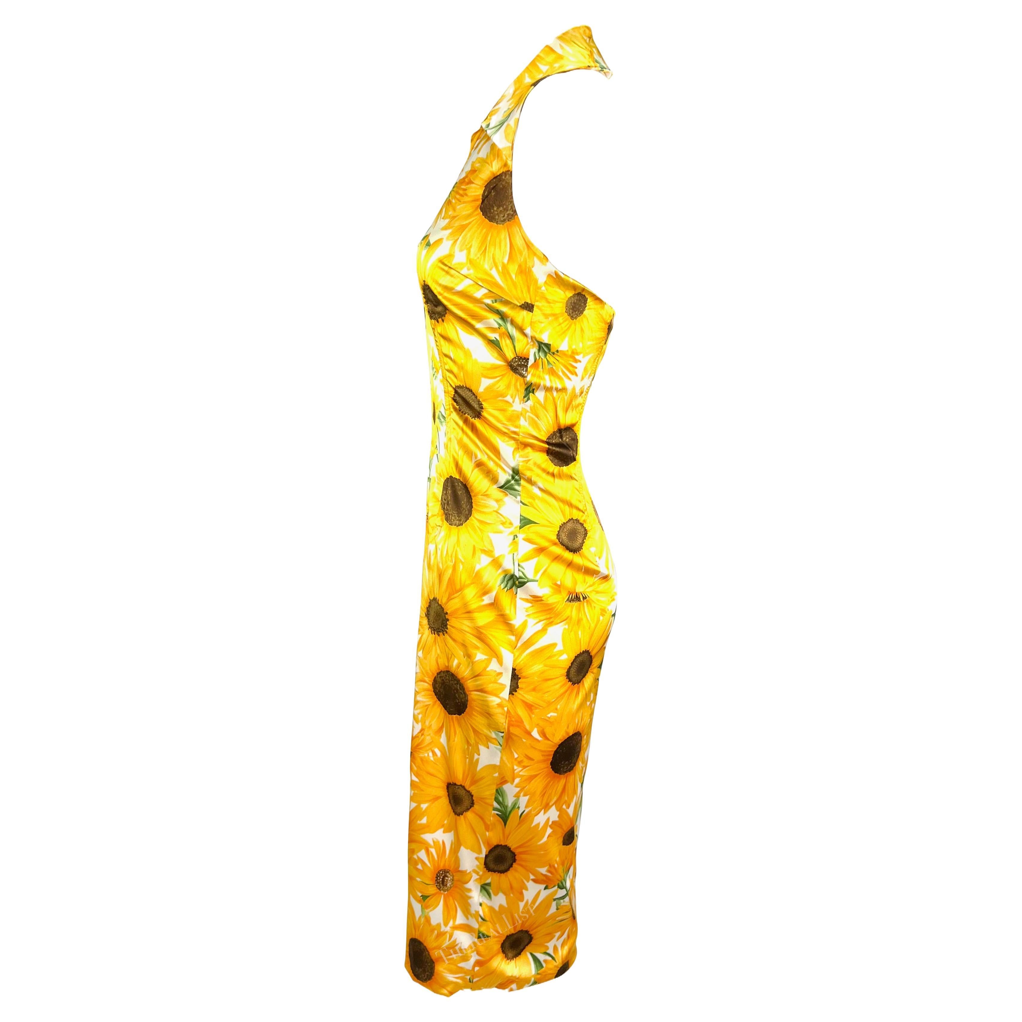 Women's or Men's Early 2000s Dolce & Gabbana Corset Boned Sunflower Print Bodycon Halter Dress