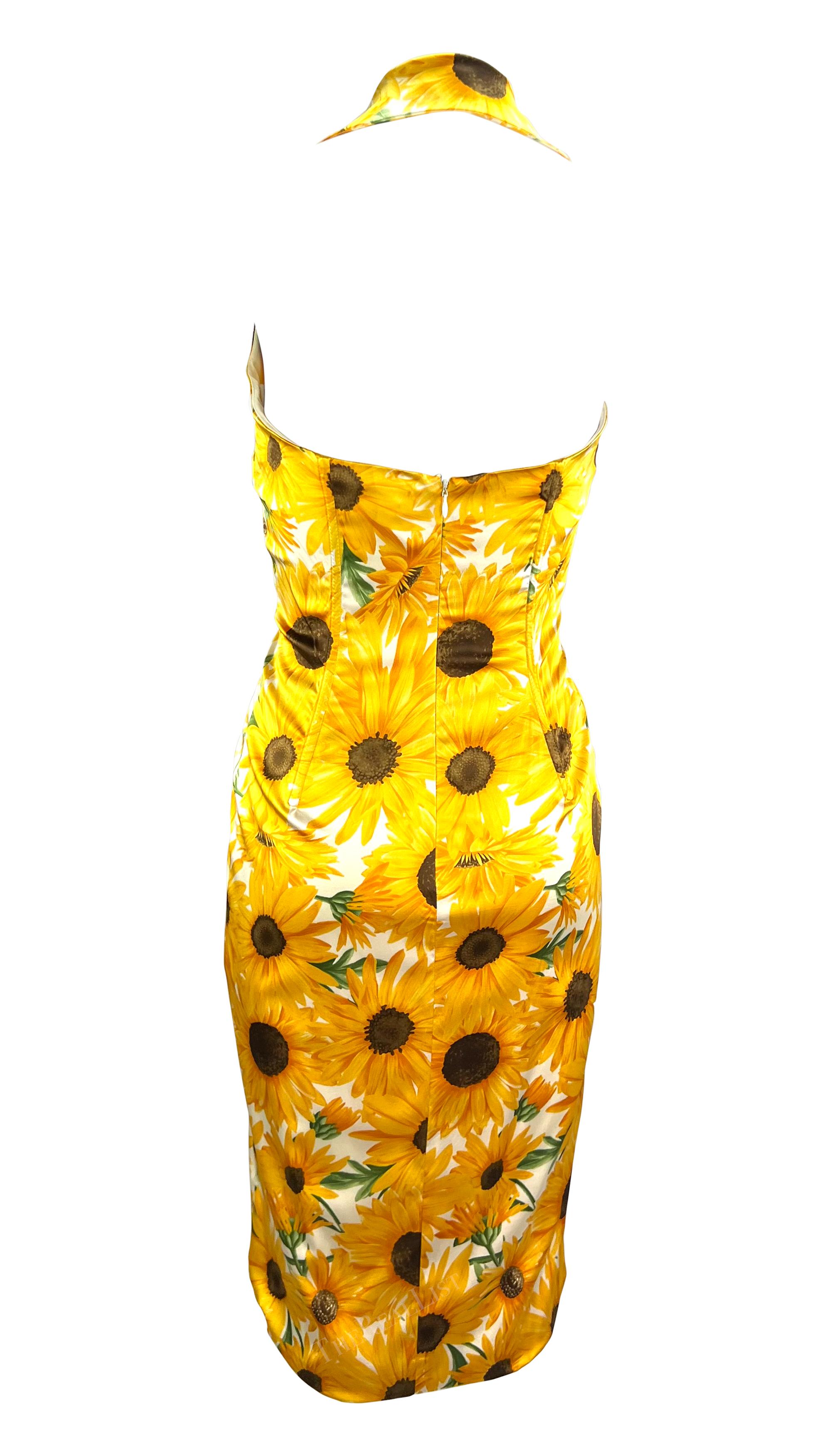 Early 2000s Dolce & Gabbana Corset Boned Sunflower Print Bodycon Halter Dress 1