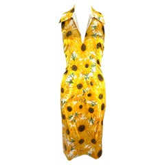 Early 2000s Dolce & Gabbana Corset Boned Sunflower Print Bodycon Halter Dress