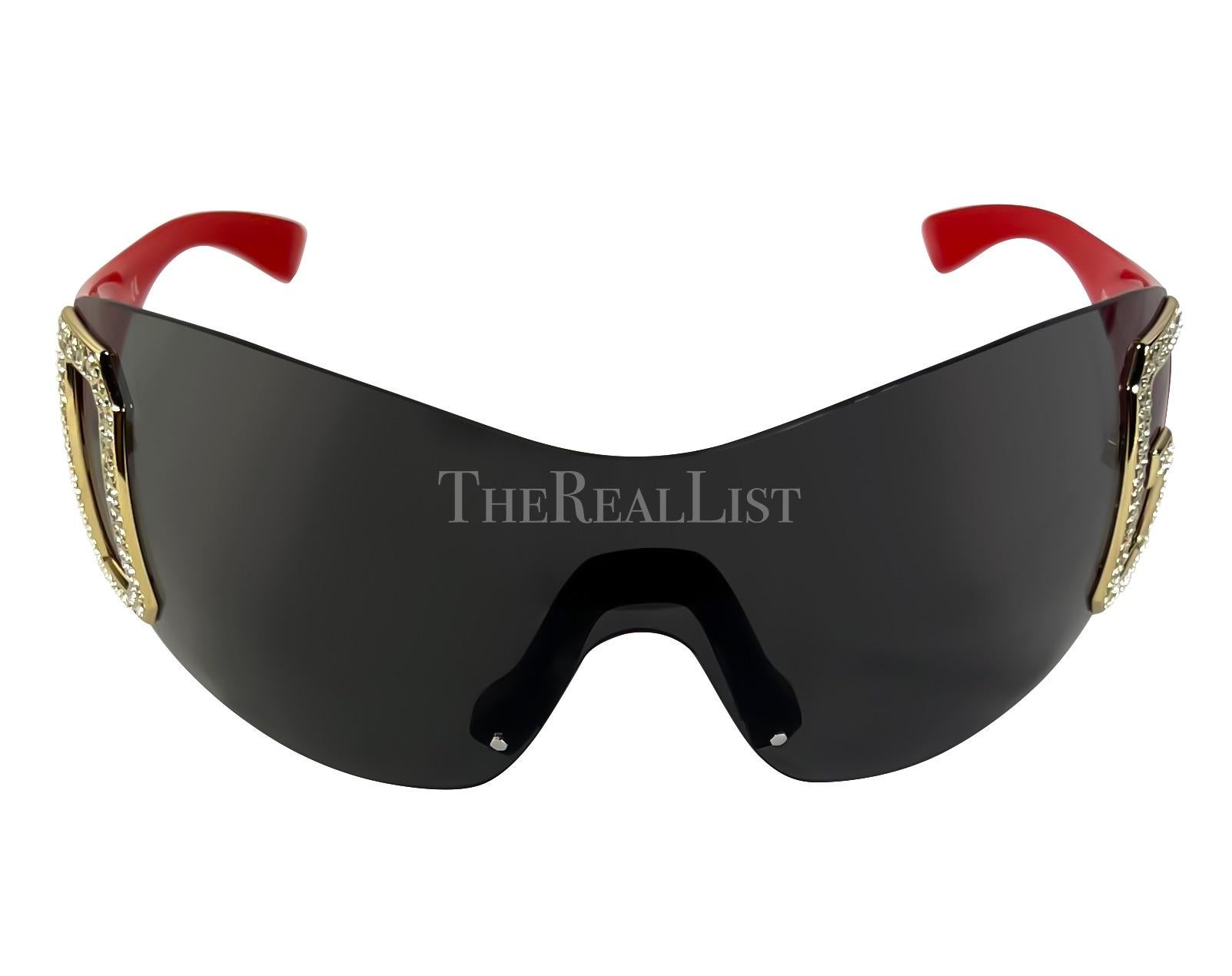 Early 2000s Dolce & Gabbana Red Shield Rimless Rhinestone Sunglasses In Excellent Condition For Sale In West Hollywood, CA