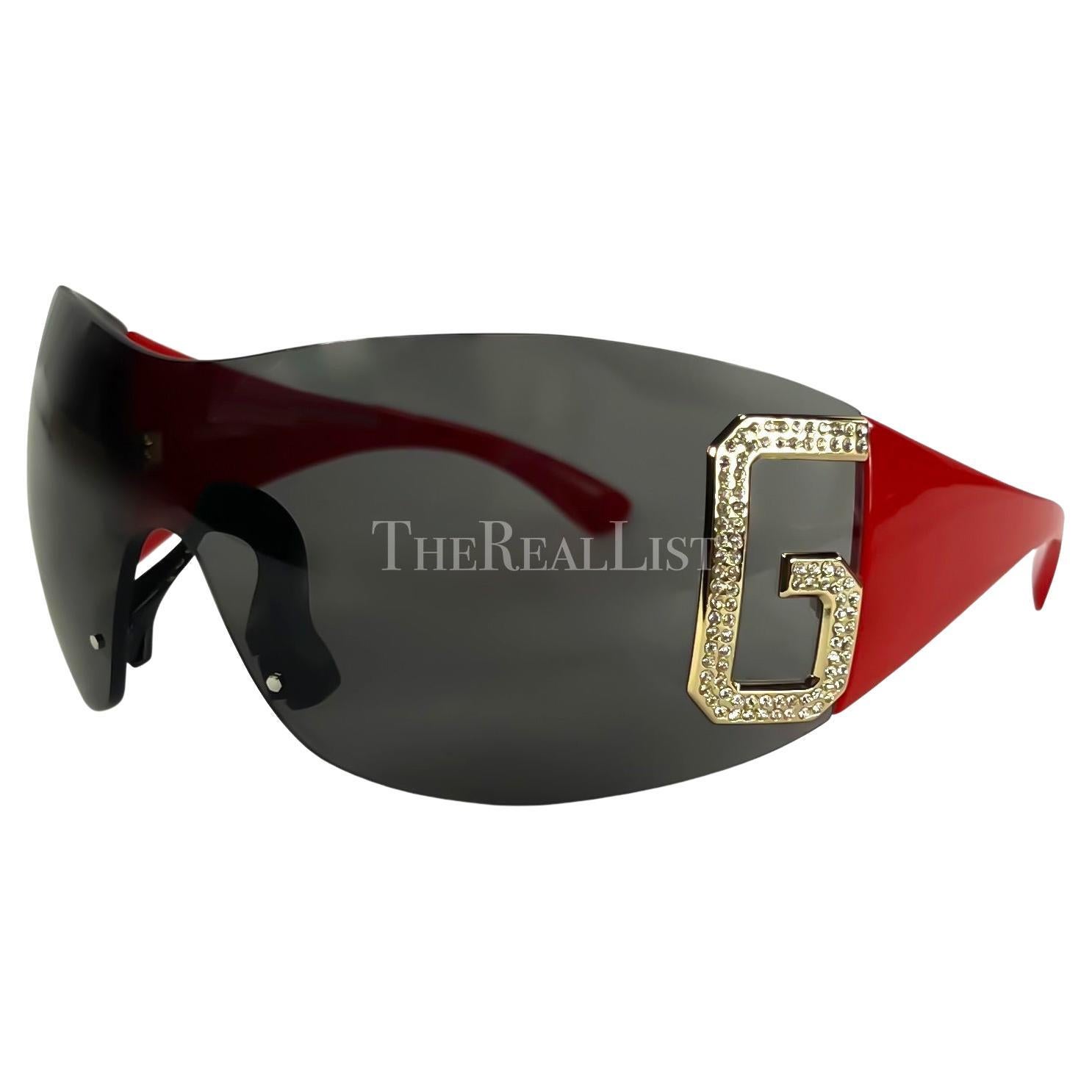 Early 2000s Dolce & Gabbana Red Shield Rimless Rhinestone Sunglasses For Sale