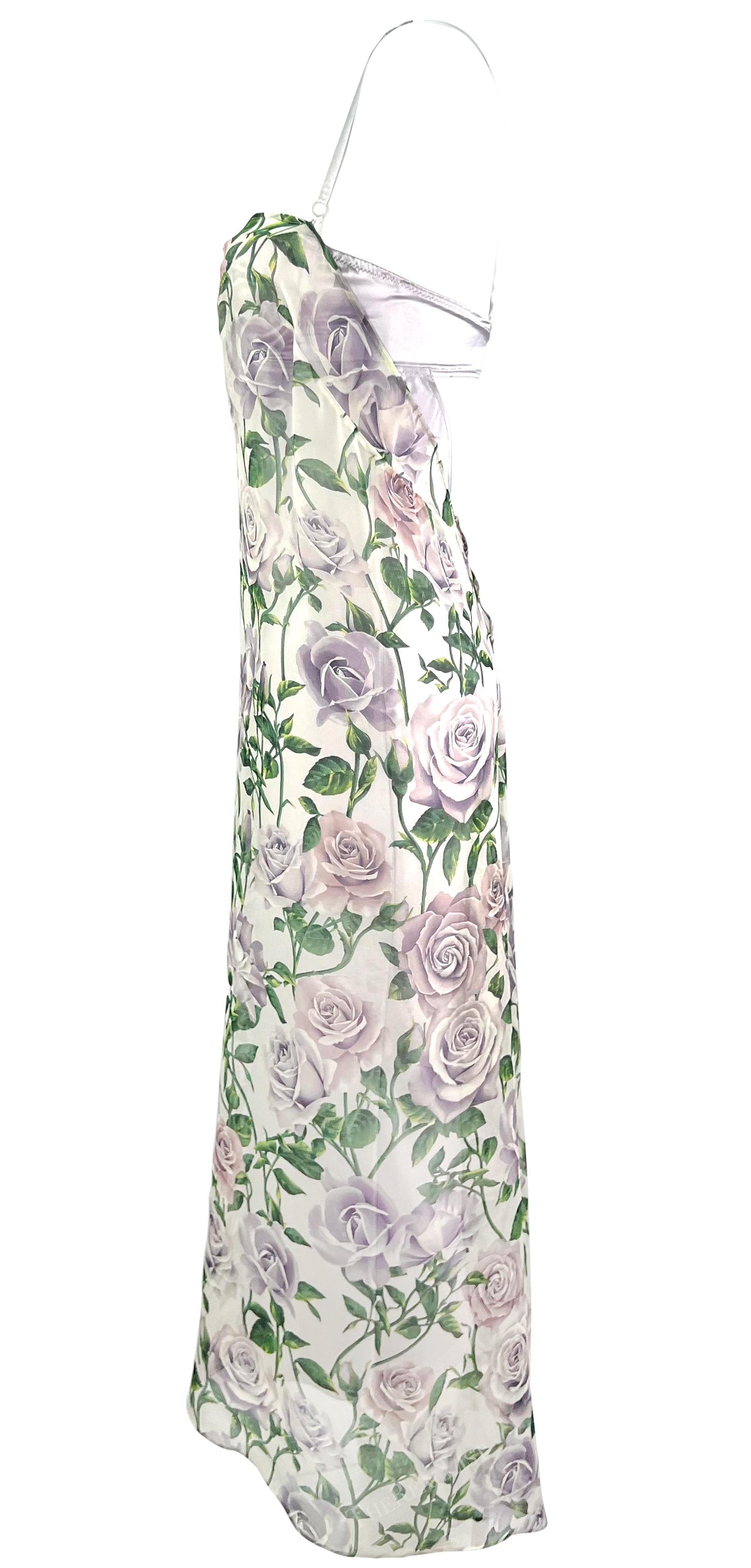 Early 2000s Dolce & Gabbana Sheer Chiffon White Purple Rose Print Overlay Gown For Sale 6