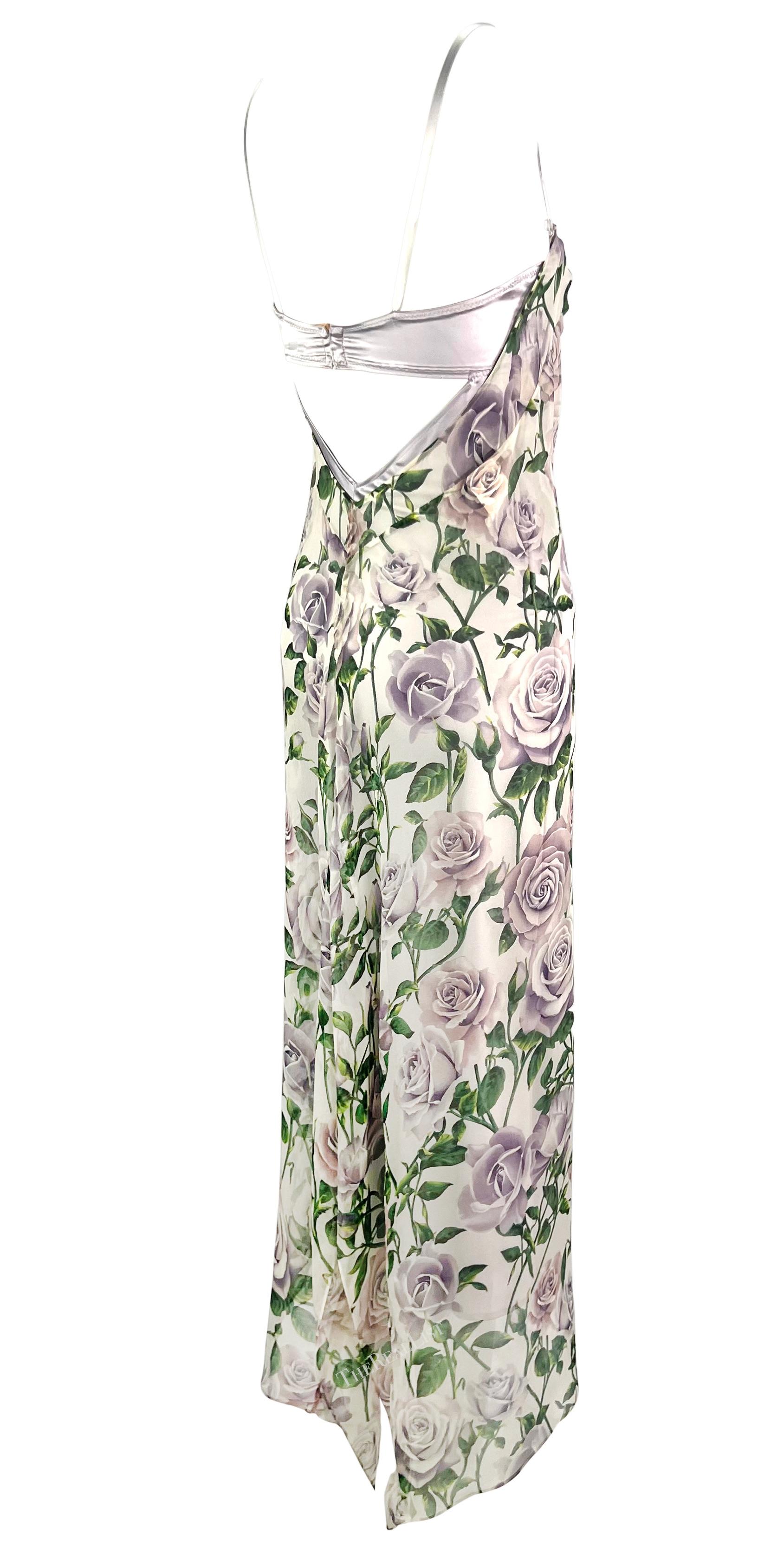Early 2000s Dolce & Gabbana Sheer Chiffon White Purple Rose Print Overlay Gown In Good Condition For Sale In West Hollywood, CA