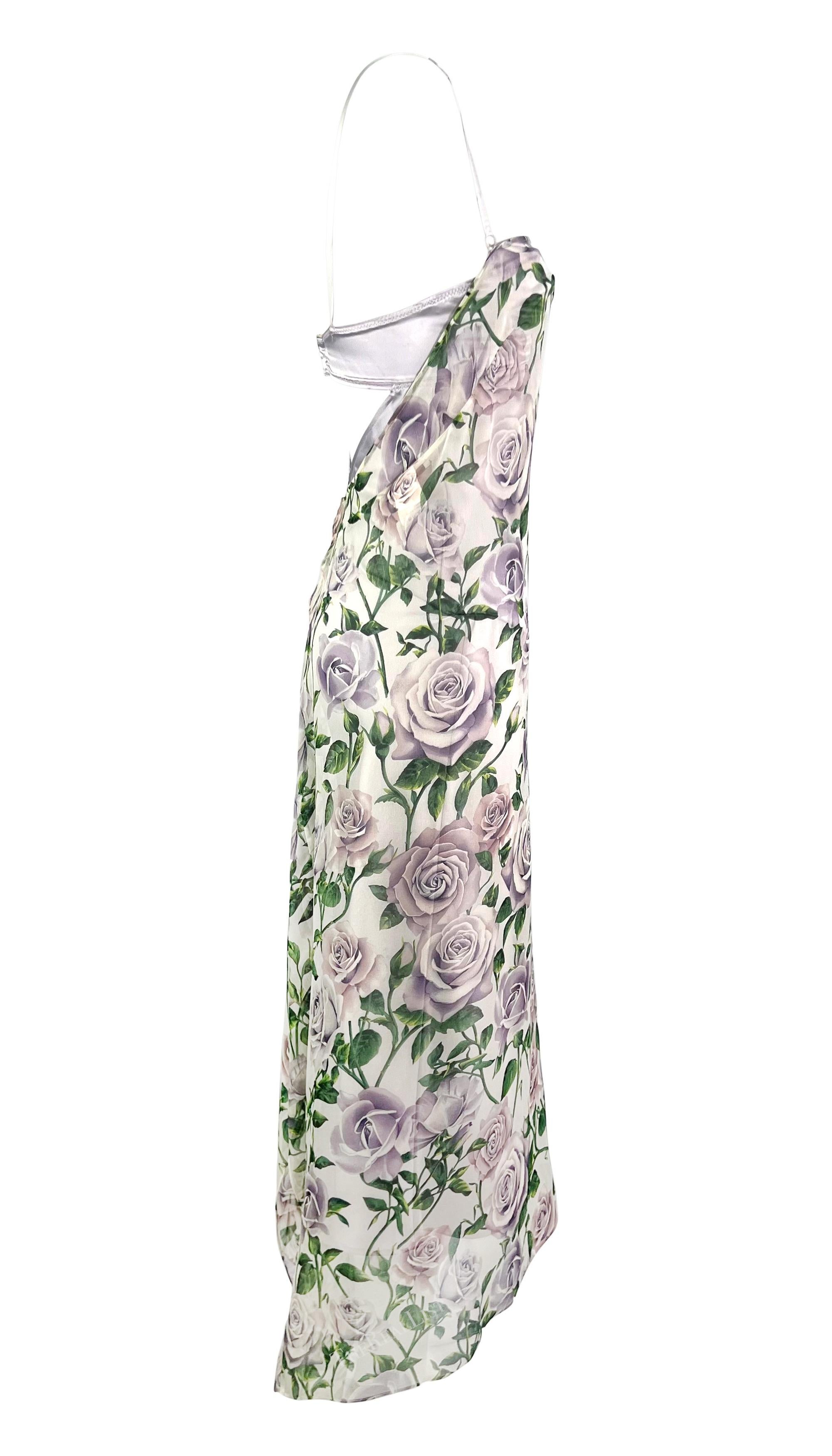 Women's Early 2000s Dolce & Gabbana Sheer Chiffon White Purple Rose Print Overlay Gown For Sale