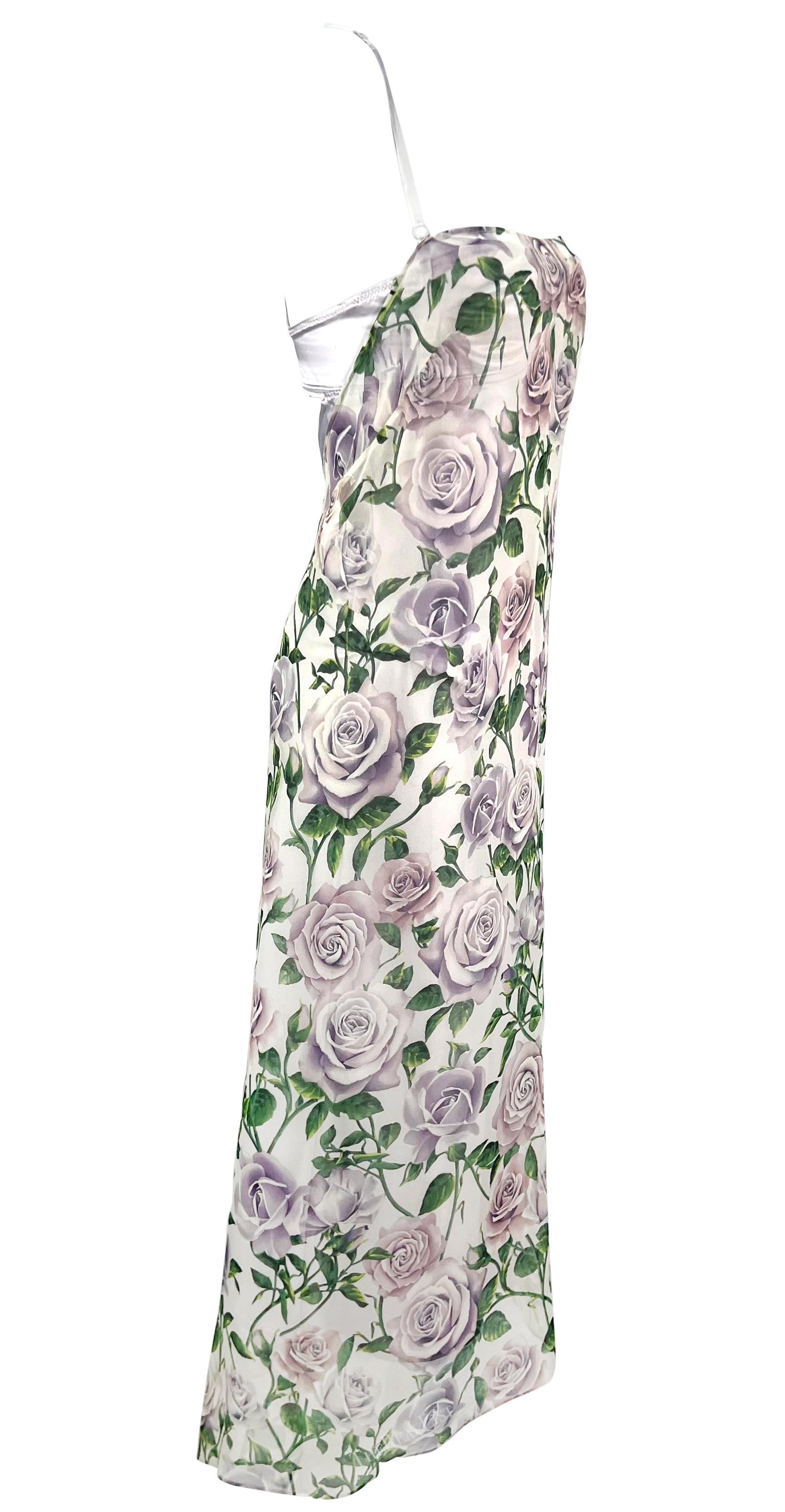 Early 2000s Dolce & Gabbana Sheer Chiffon White Purple Rose Print Overlay Gown For Sale 1