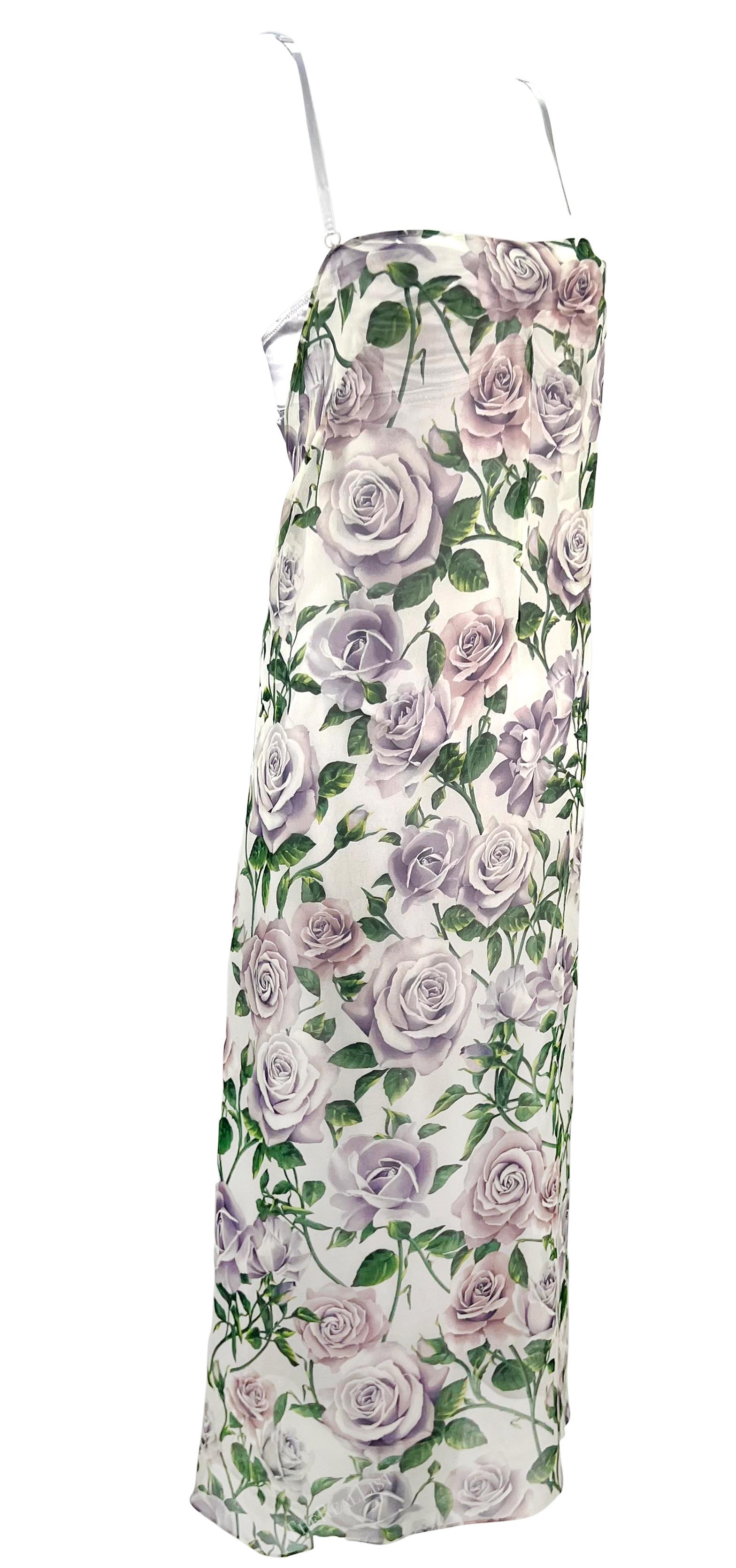 Early 2000s Dolce & Gabbana Sheer Chiffon White Purple Rose Print Overlay Gown For Sale 2