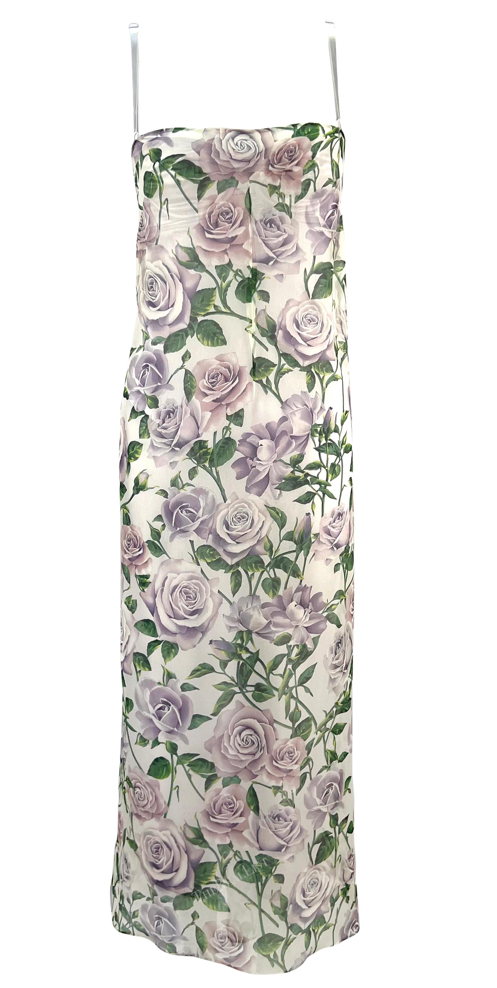 Early 2000s Dolce & Gabbana Sheer Chiffon White Purple Rose Print Overlay Gown For Sale 3