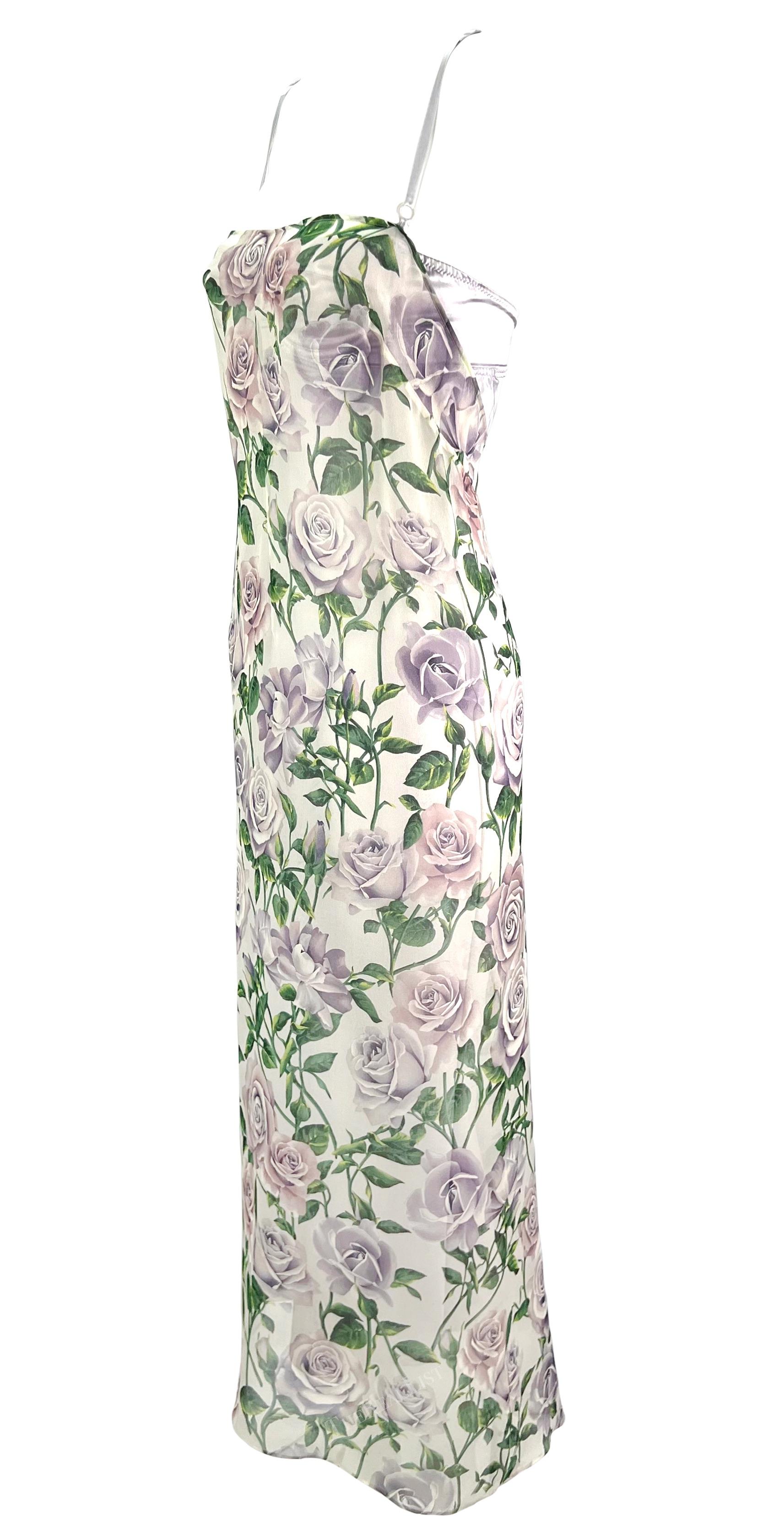 Early 2000s Dolce & Gabbana Sheer Chiffon White Purple Rose Print Overlay Gown For Sale 5
