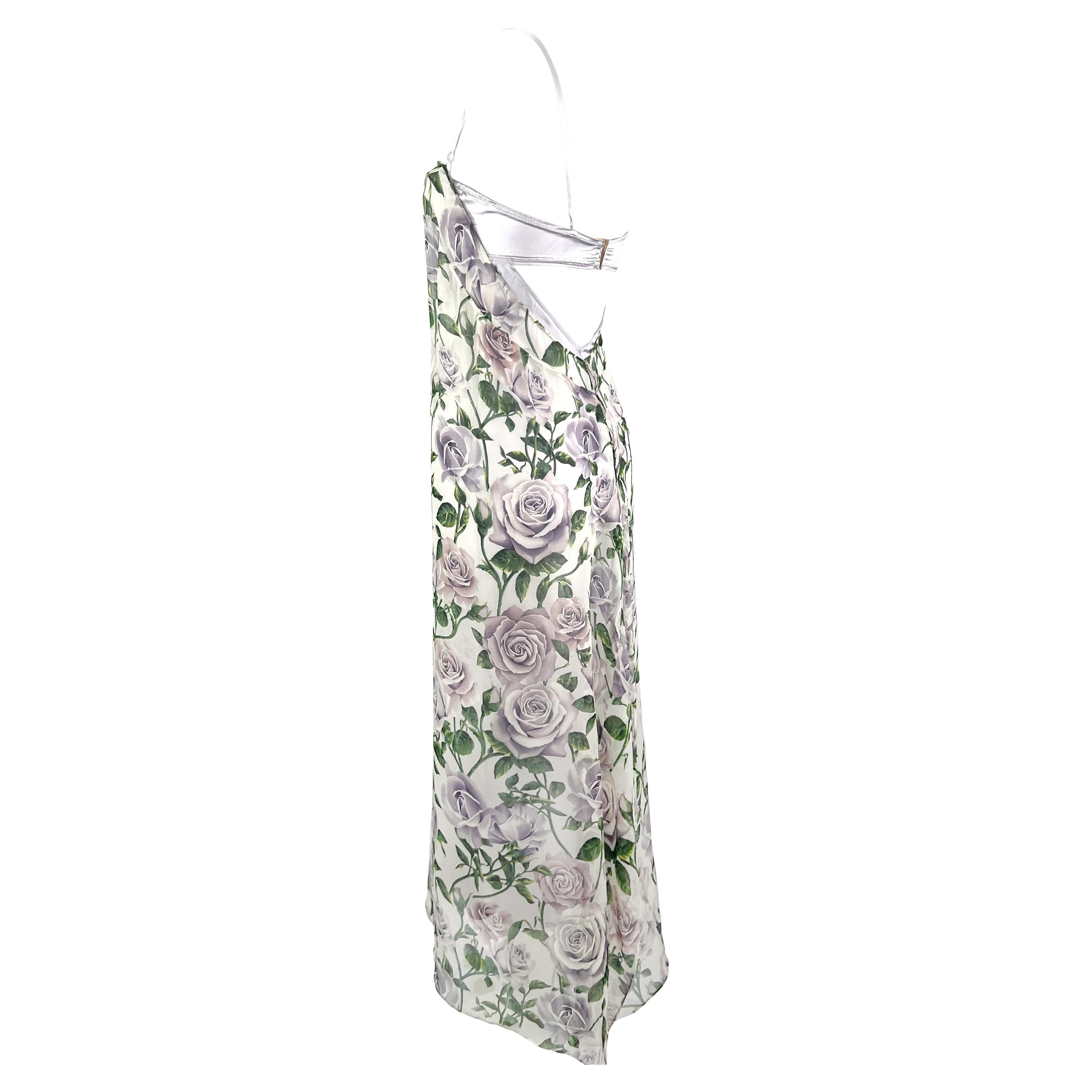 Early 2000s Dolce & Gabbana Sheer Chiffon White Purple Rose Print Overlay Gown For Sale