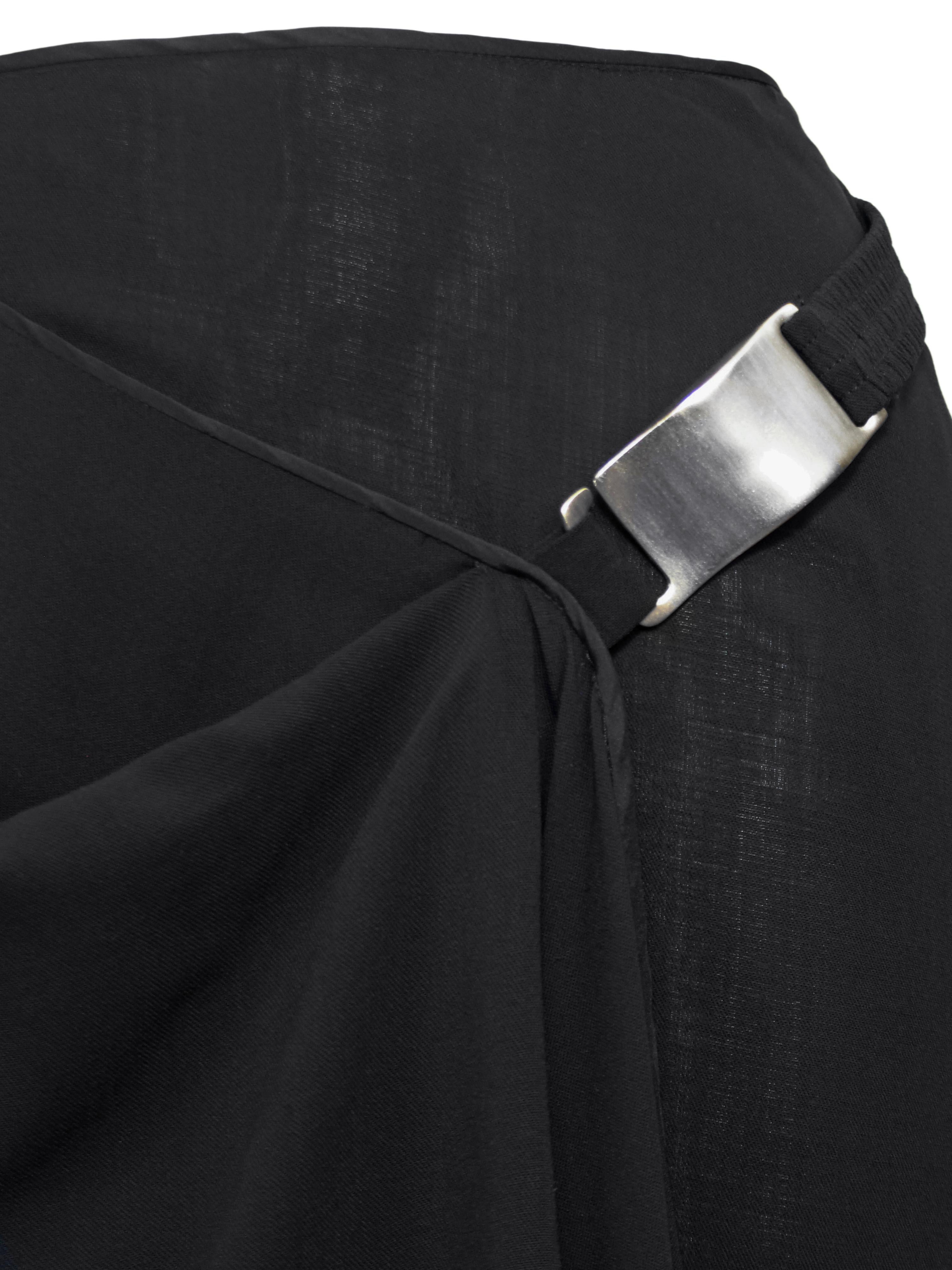 Women's Early 2000's Donna Karan Black Wrap Mini Skirt with Silver Metal Detail For Sale