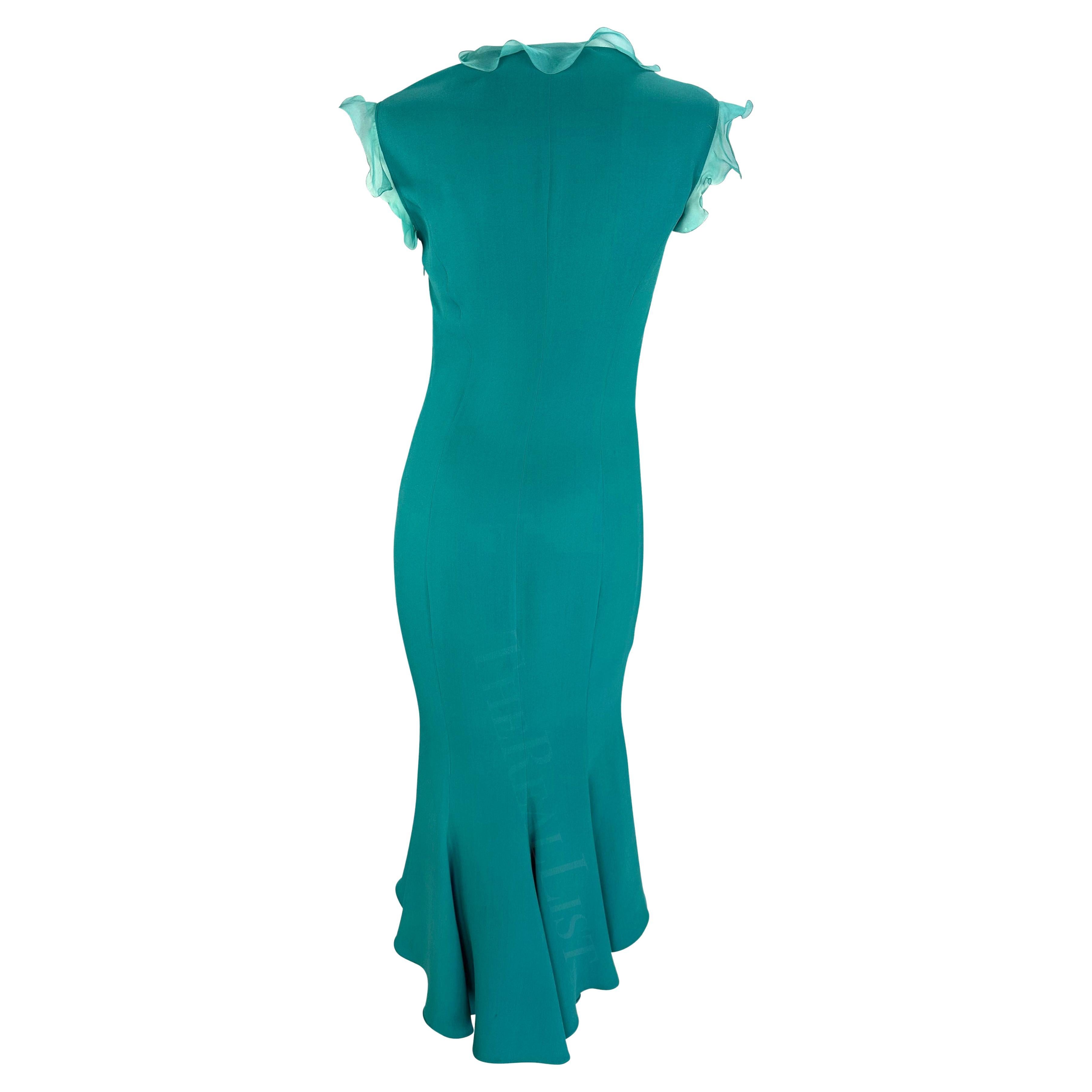 Early 2000s Emanuel Ungaro Turquoise Ruffle Midi Dress In Good Condition For Sale In West Hollywood, CA