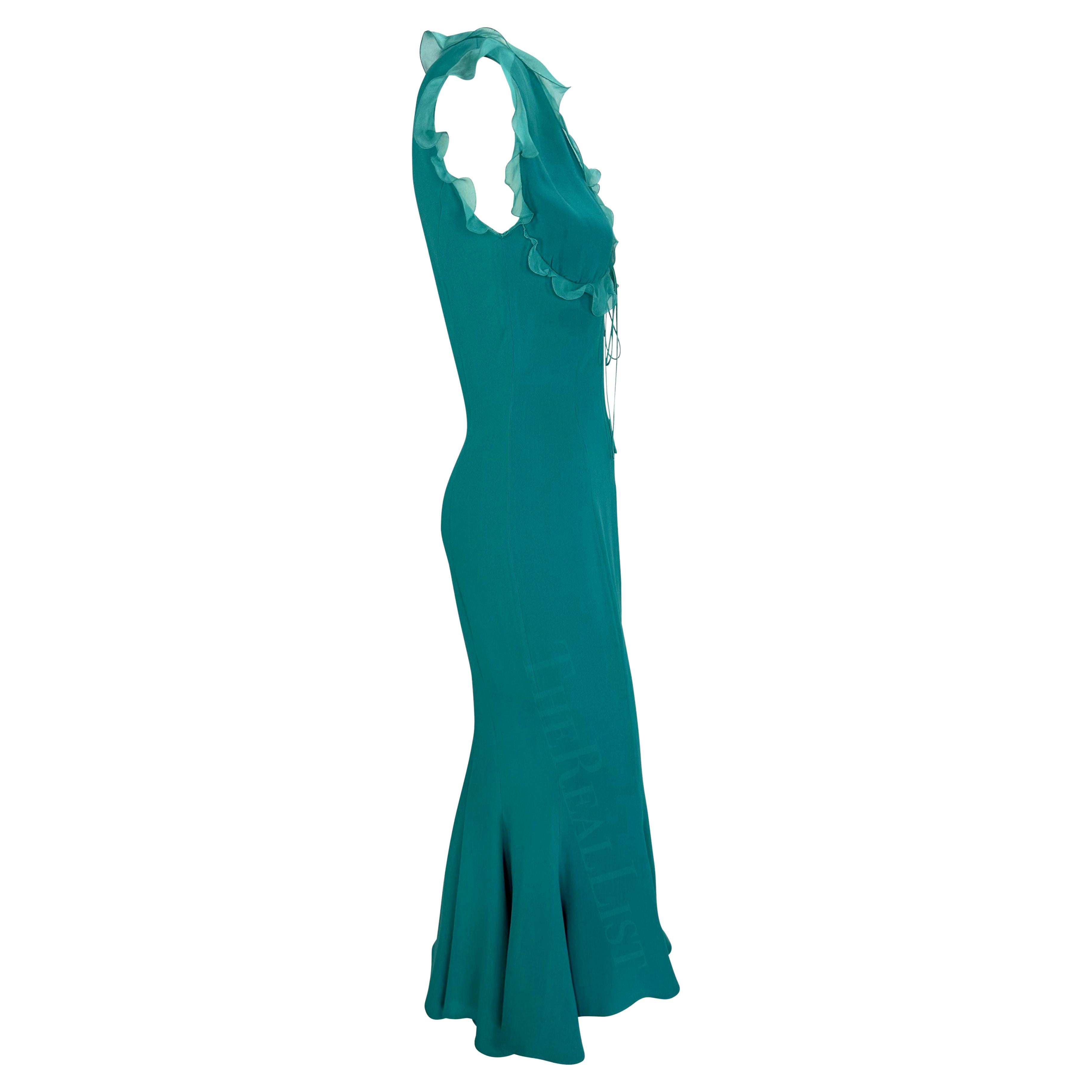 Women's Early 2000s Emanuel Ungaro Turquoise Ruffle Midi Dress For Sale