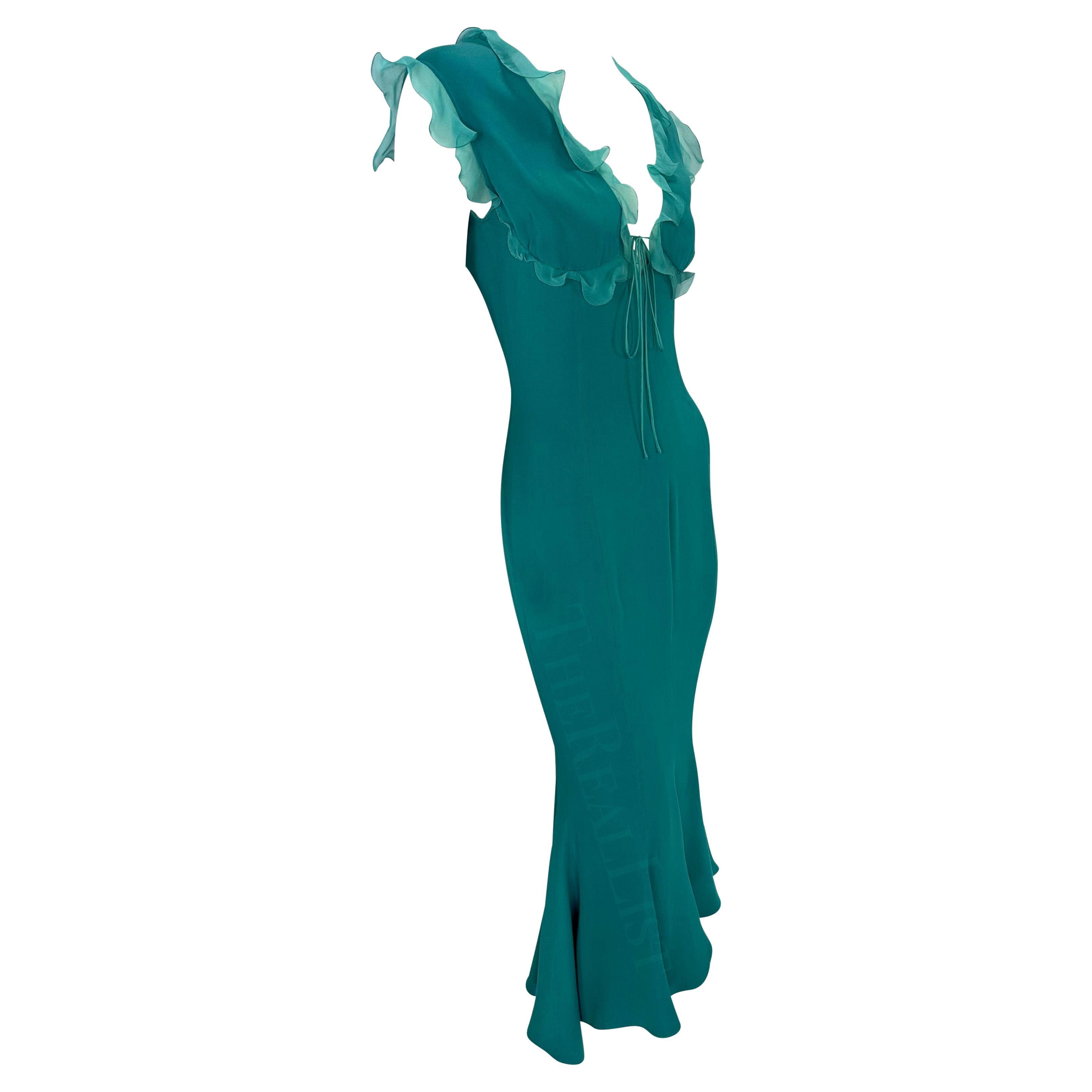 Early 2000s Emanuel Ungaro Turquoise Ruffle Midi Dress For Sale 1